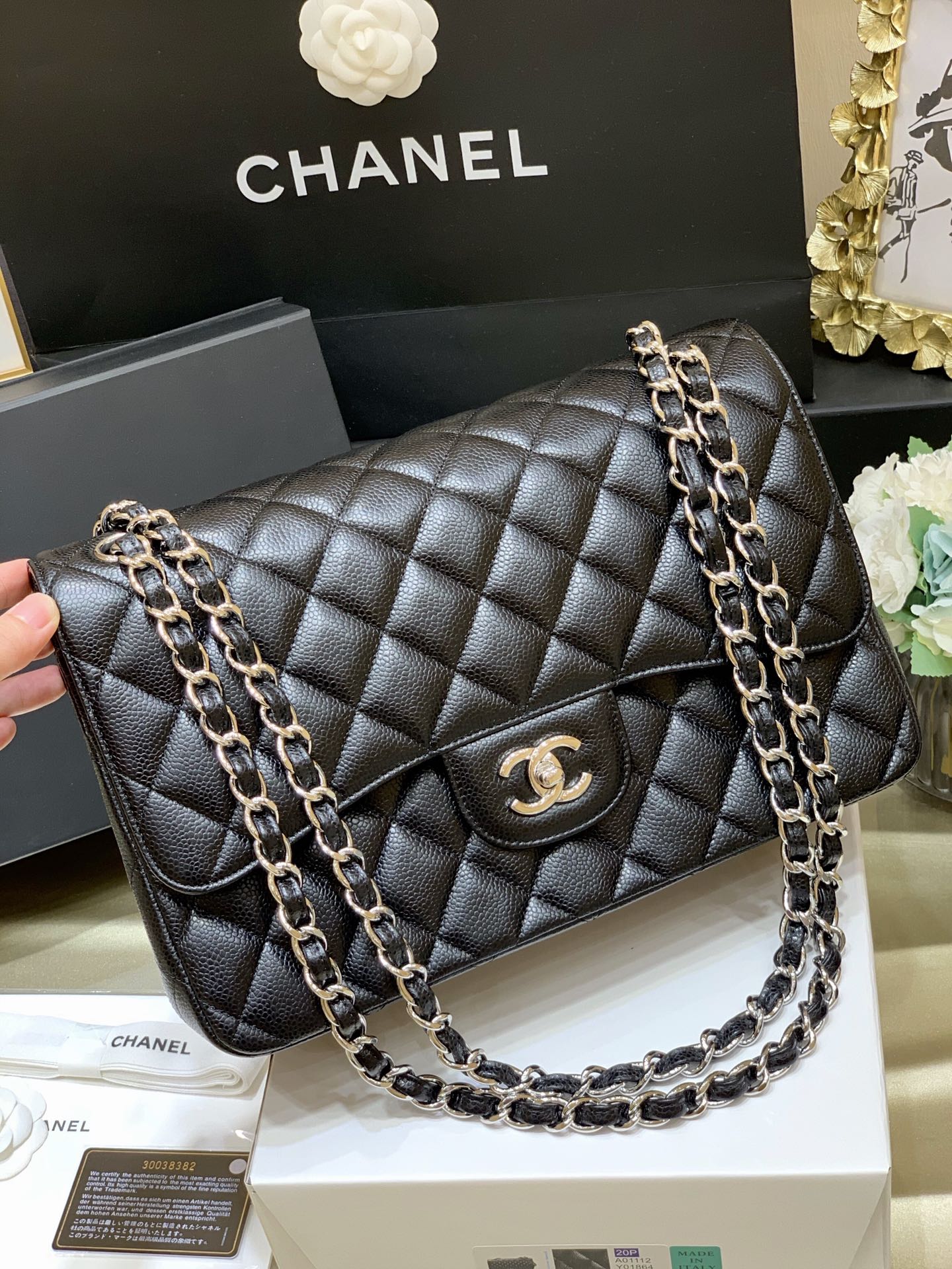Ch@nel Flap Bag-Cavir Leather-Silver-30CM