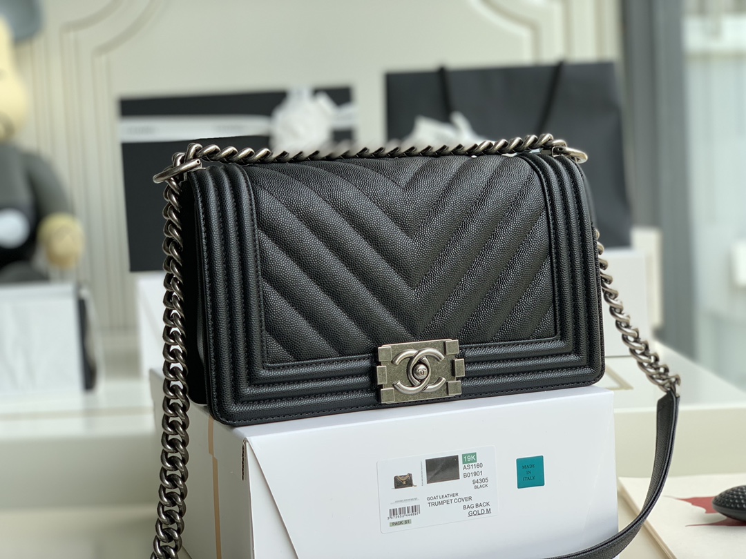 Ch@nel Boy Bag-Caviar-25CM