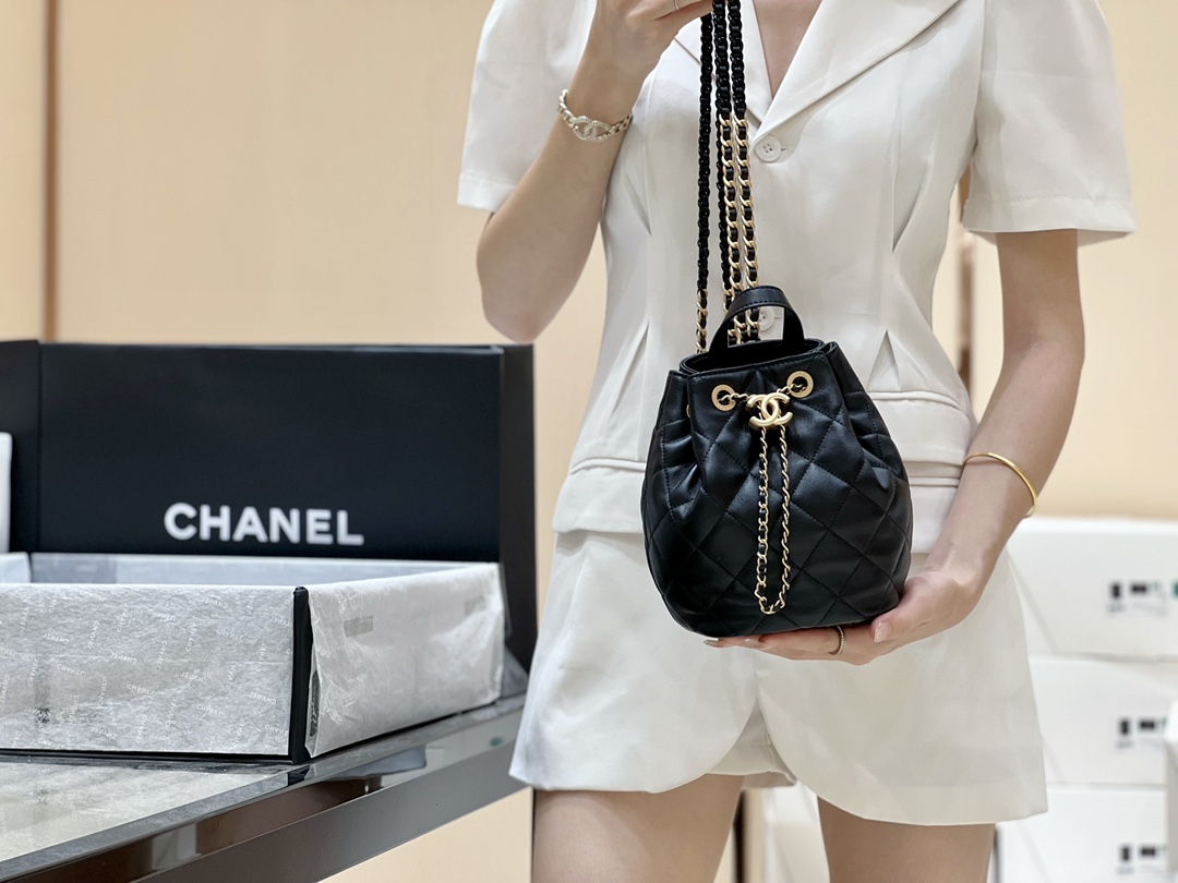 Ch@nel Drawstring Bucket Backpack -16.5*20*11.5CM