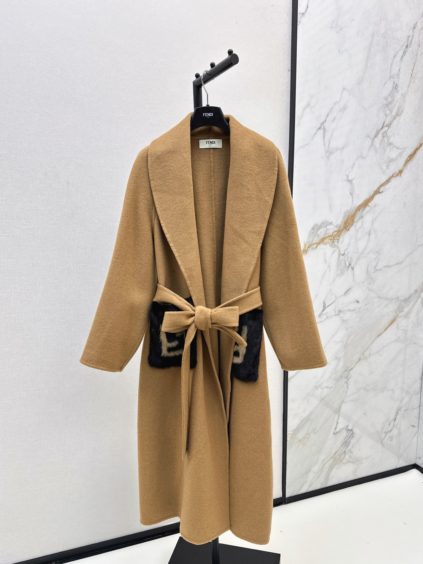 Fen*di Camel Tie-Waist Wool Coat