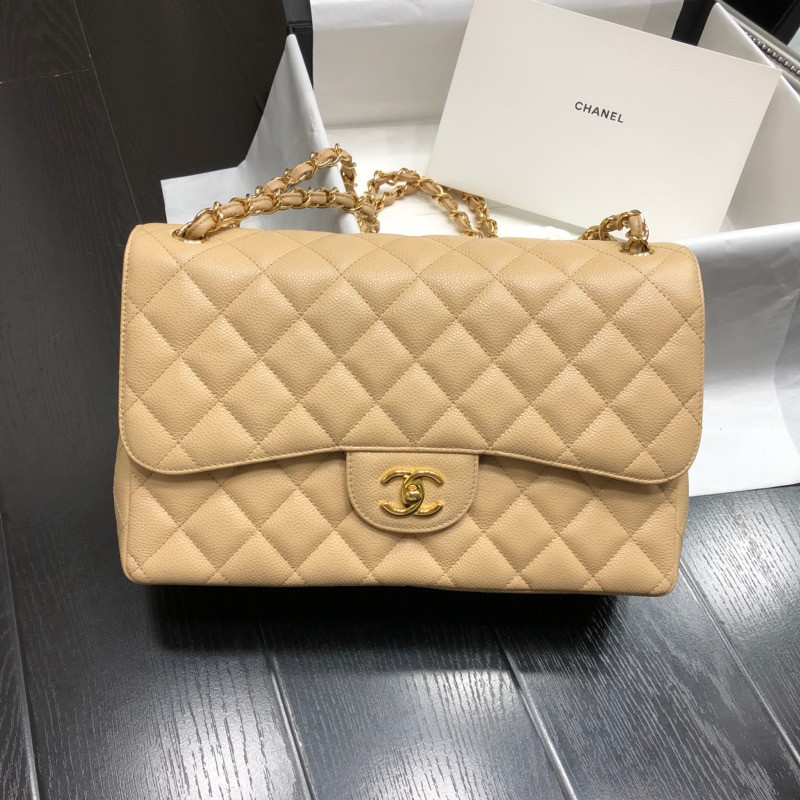 Ch@nel Flap Bag-Cavir Leather-Gold-30CM
