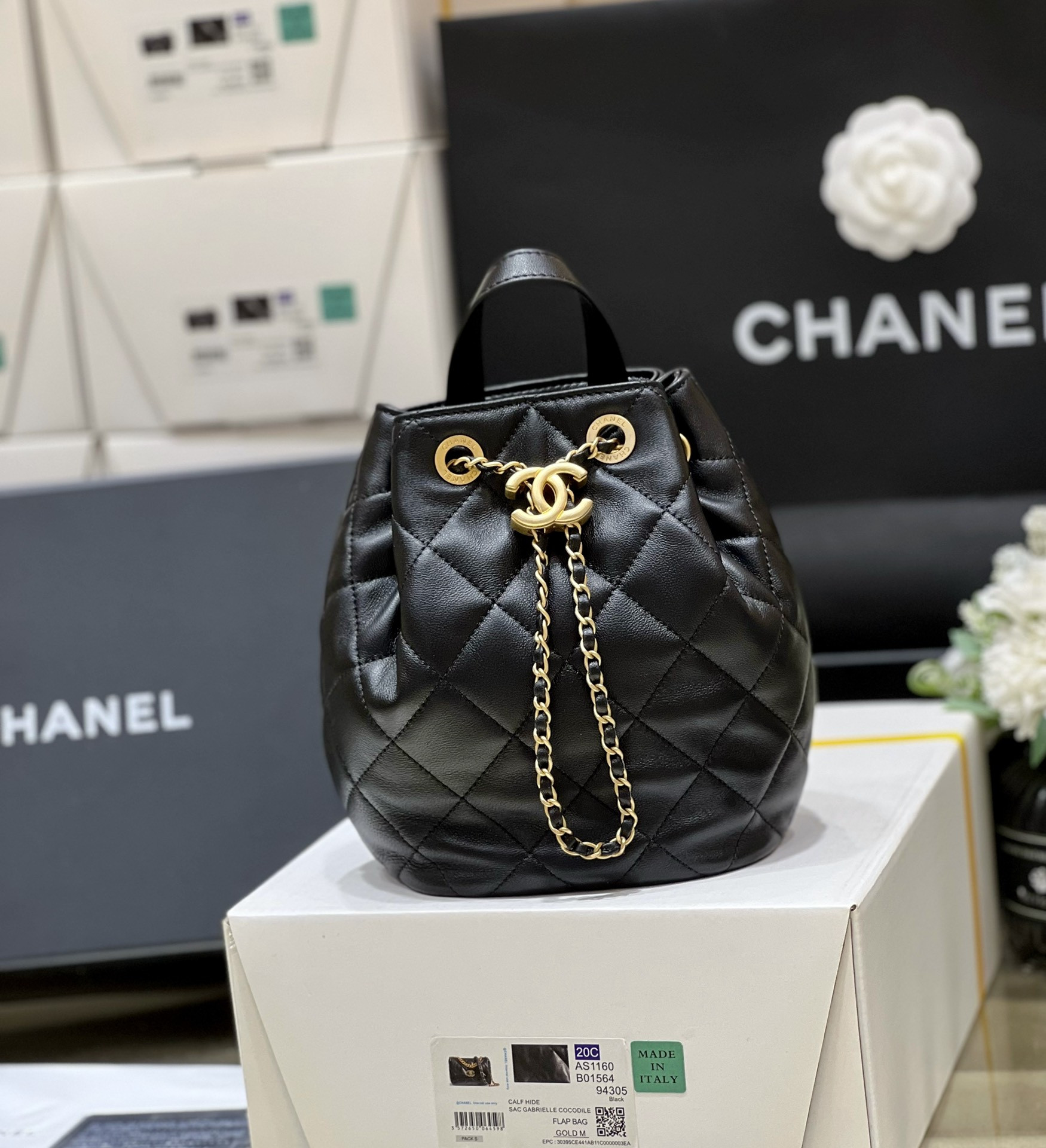 Ch@nel Drawstring Bucket Backpack -16.5*20*11.5CM