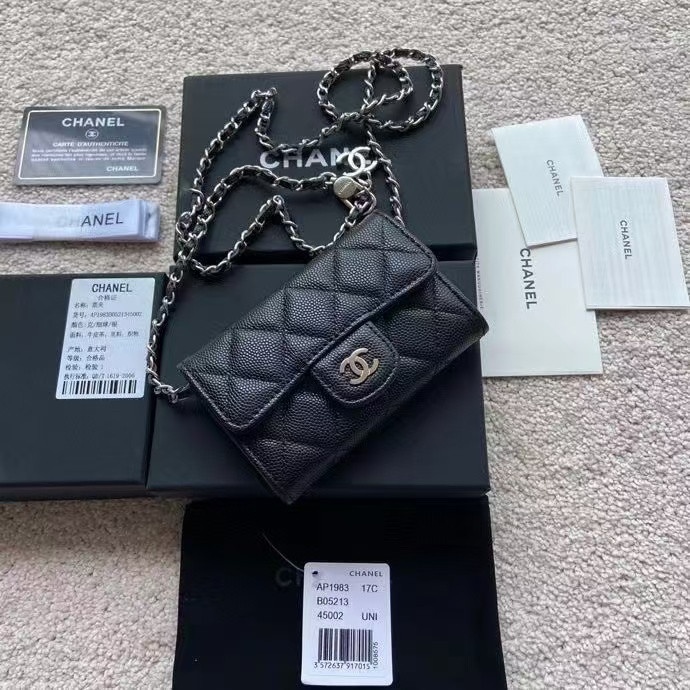 Ch@nel Black Quilted Caviar Leather Card Holder On Chain-11*7CM