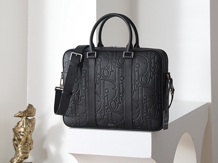 Di*or Zipped Briefcase BlackGravity Leather-37 x 28 x 6CM