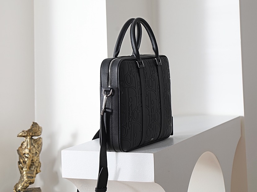 Di*or Zipped Briefcase BlackGravity Leather-37 x 28 x 6CM
