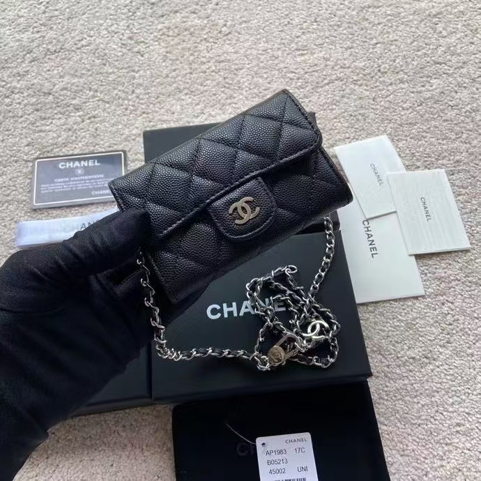 Ch@nel Black Quilted Caviar Leather Card Holder On Chain-11*7CM