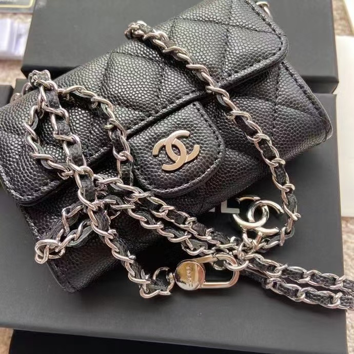 Ch@nel Black Quilted Caviar Leather Card Holder On Chain-11*7CM