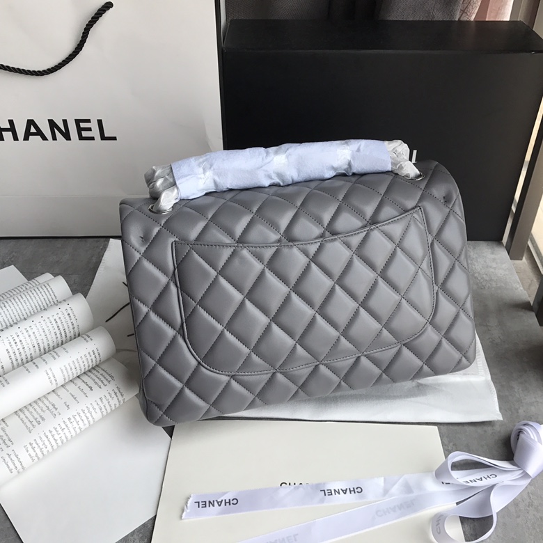Ch@nel Flap Bag-Lambskin-Silver-30CM