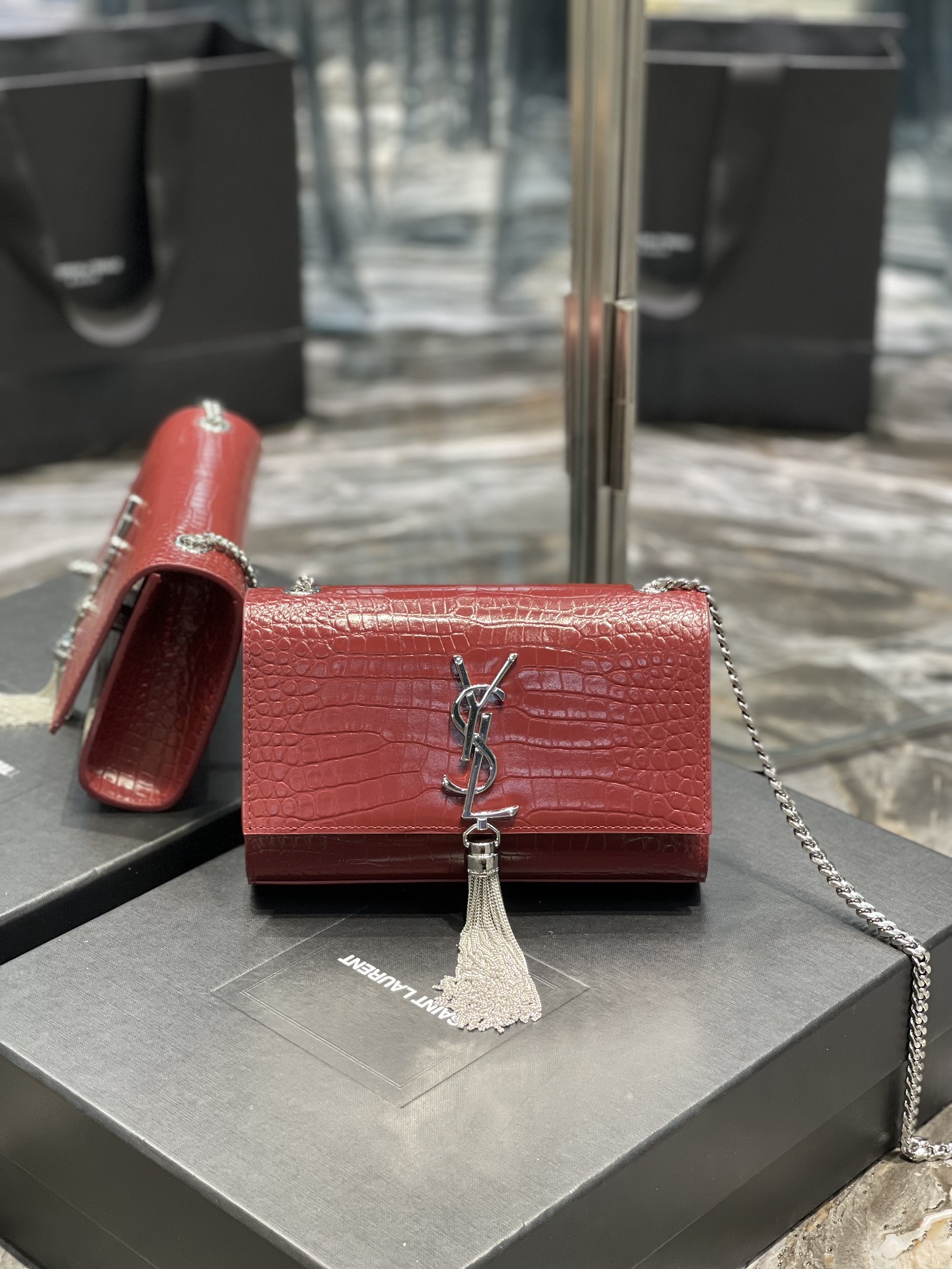 Y*L kate medium with tassle in crocodile leather-20x13.5x5.5ccm