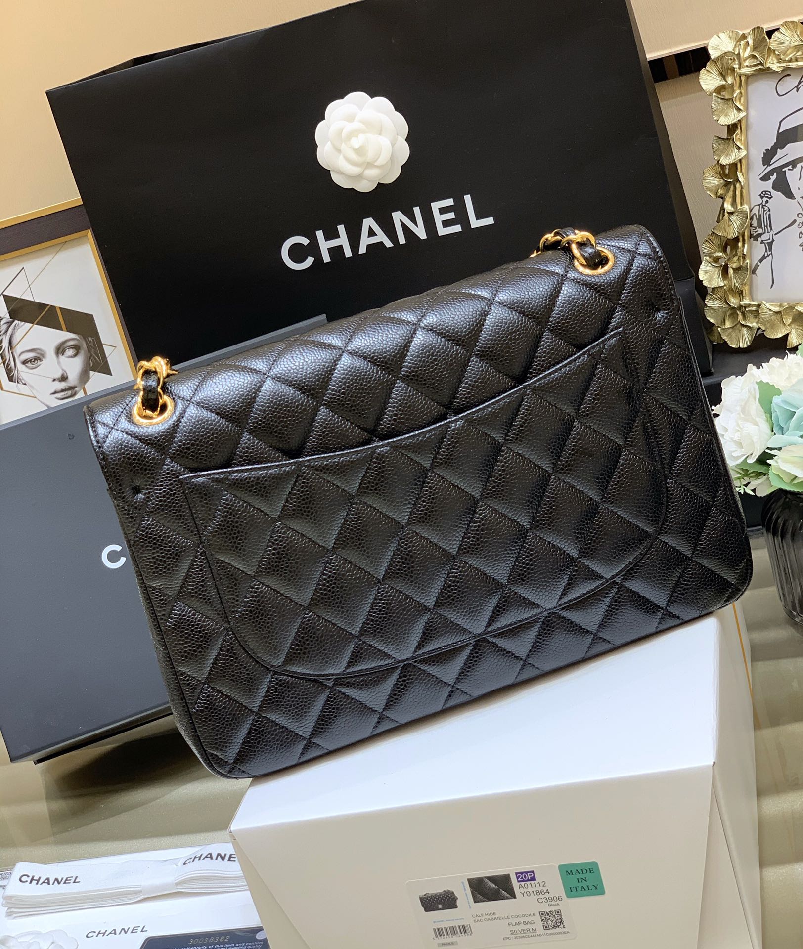 Ch@nel Flap Bag-Cavir Leather-Gold-30CM