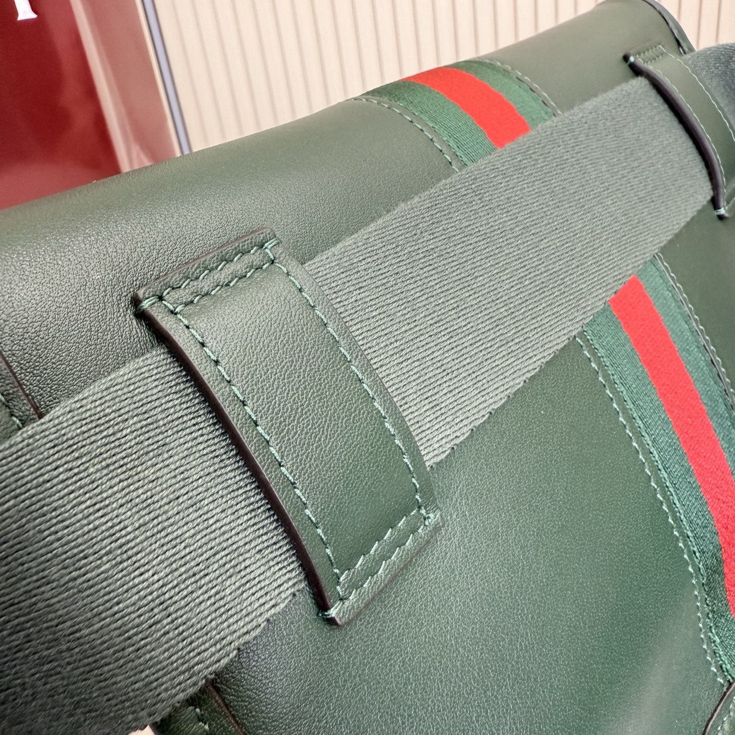 Gv*c*Web Trademark Small Belt Bag In Dark Green Leather -24*17*3.5CM