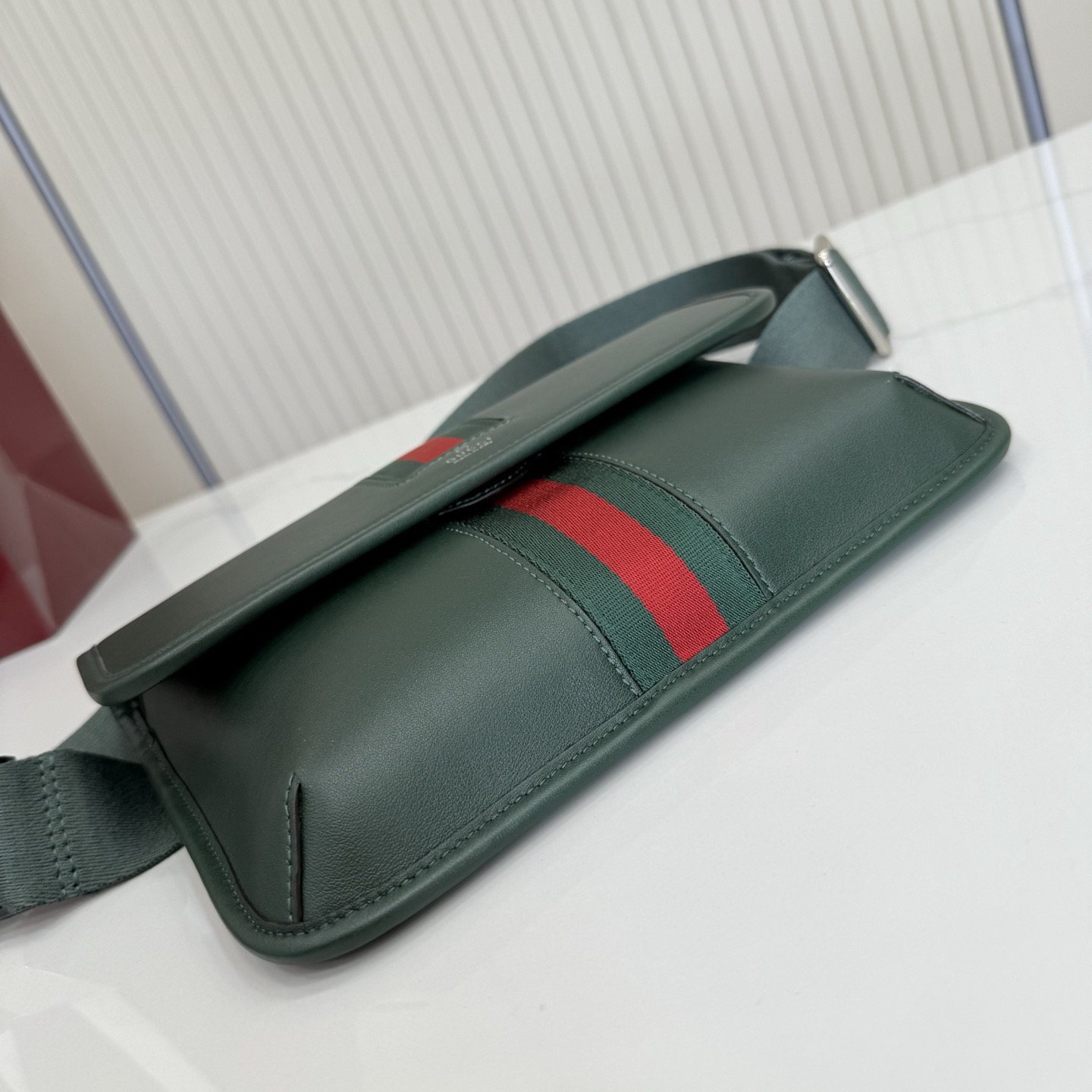 Gv*c*Web Trademark Small Belt Bag In Dark Green Leather -24*17*3.5CM