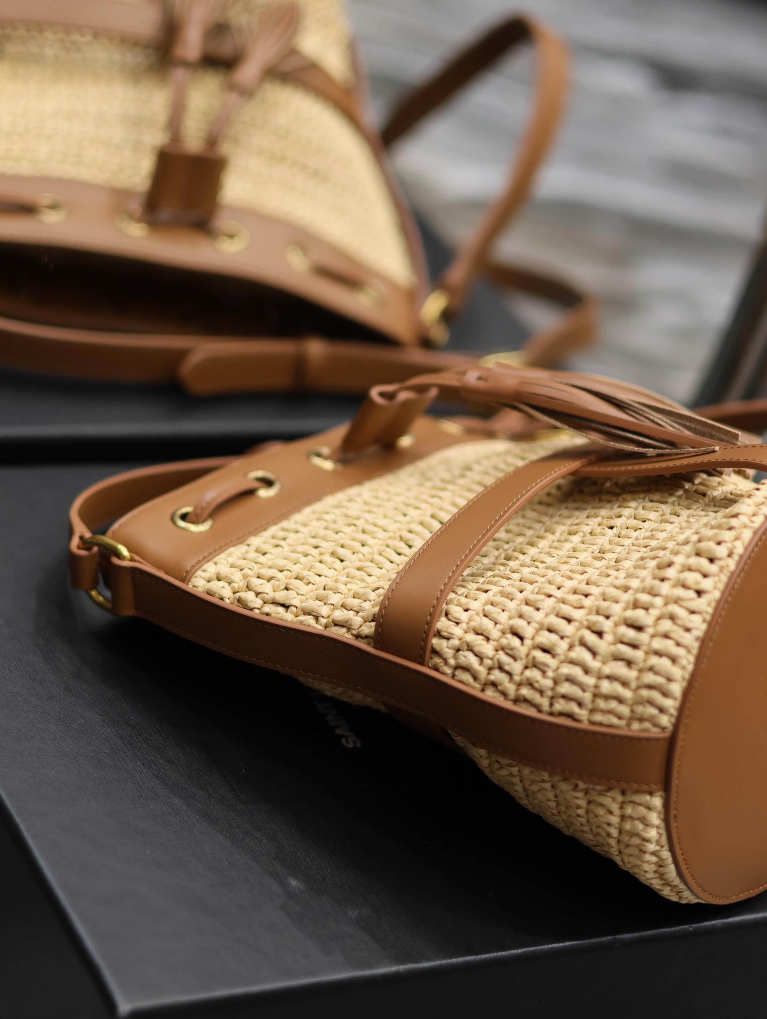 Y*L raffia straw craft bucket bag-22×15×15cm