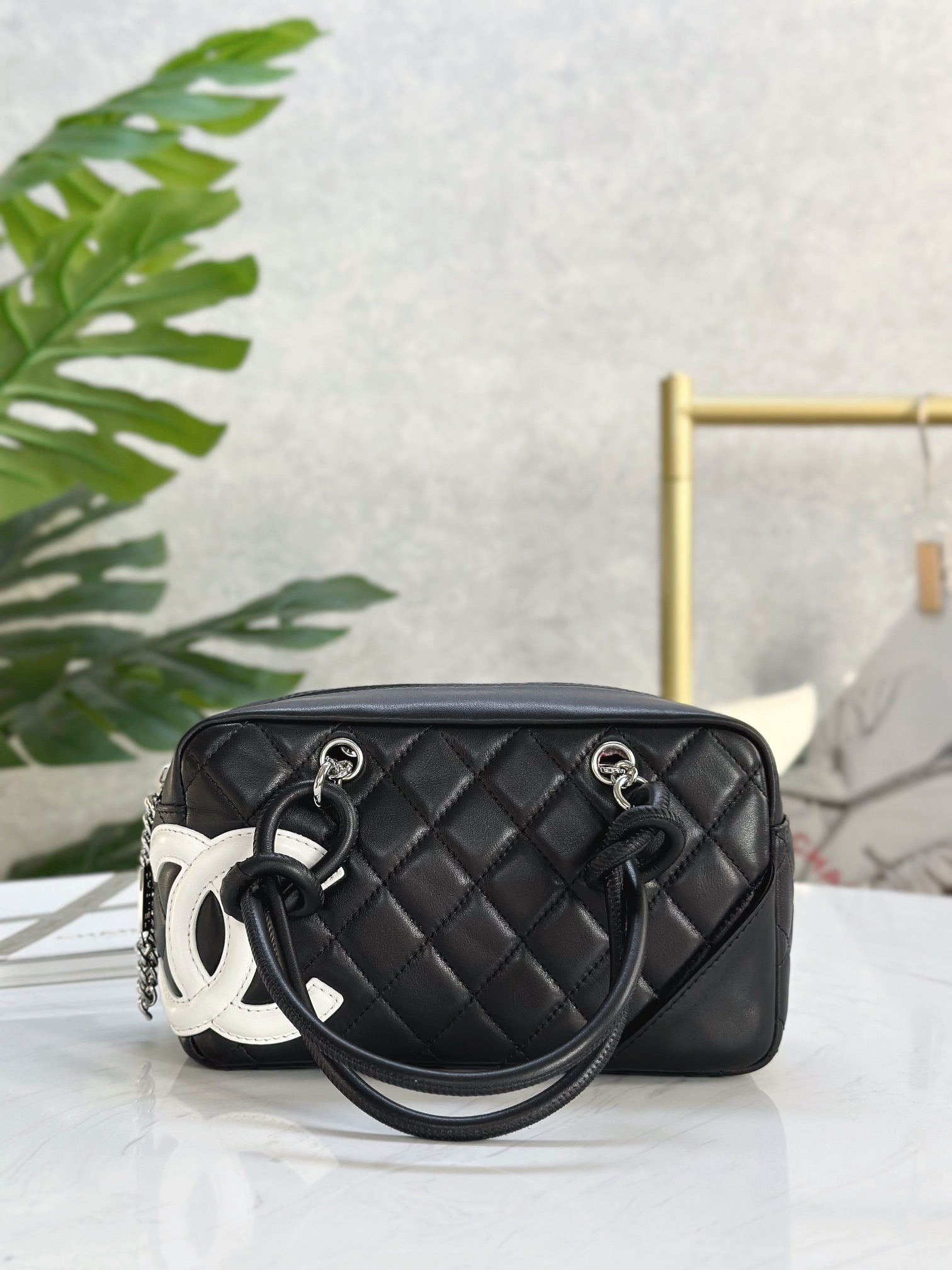 Ch@nel Calfskin Quilted Small Cambon Bowler Black White-19.5*10.5*9CM