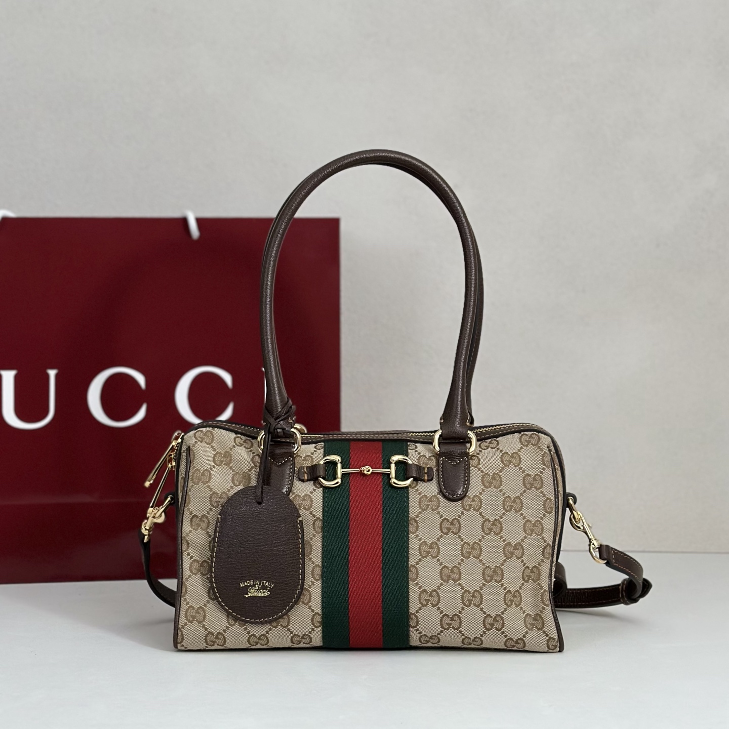 Gvc*1 Borsetto Medium Boston Bag In Sand And Brown Gg Canvas-28*15*10CM
