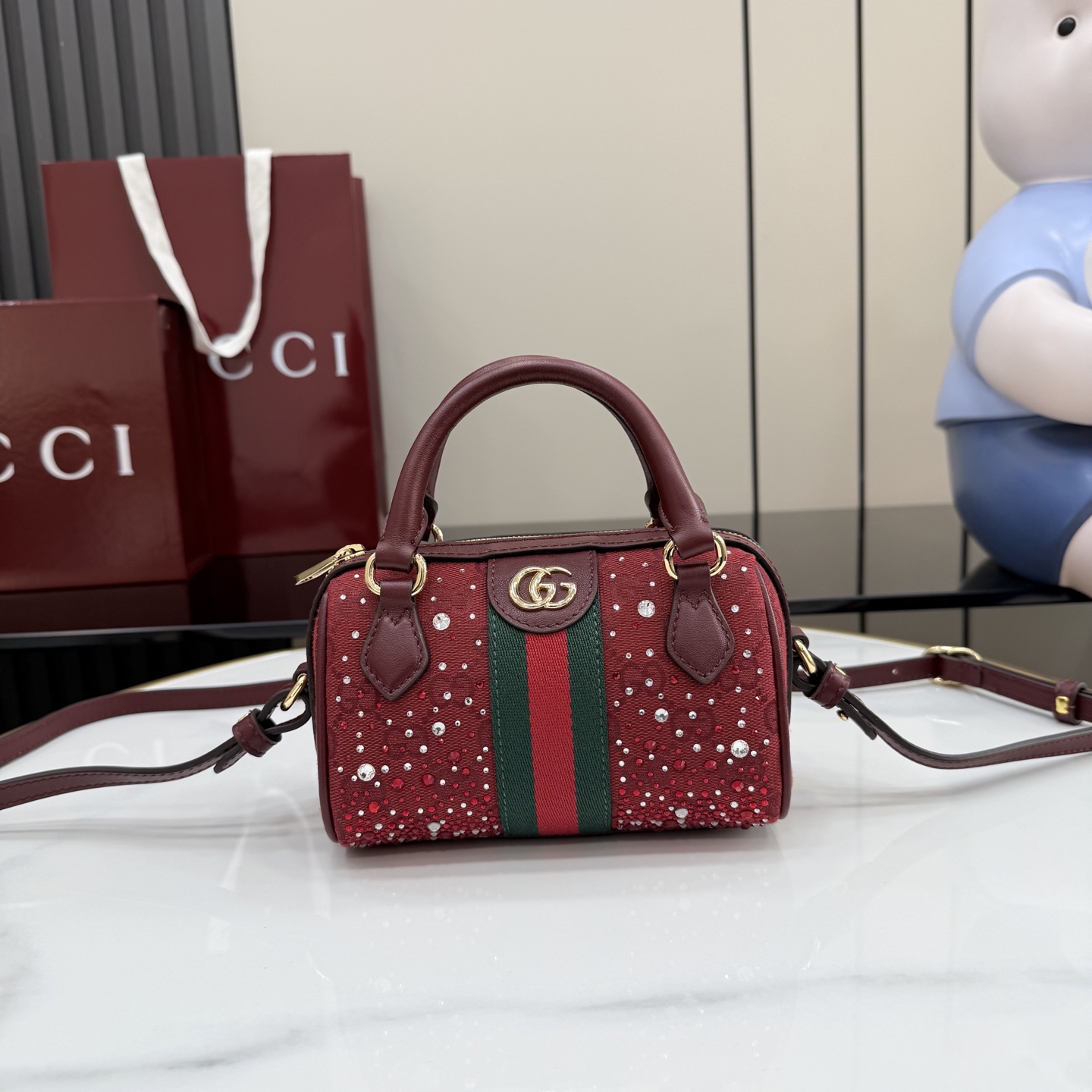 Gv*c* Ophidia Crystals Small Boston Bag In Rosso Ancora Red GG -16.5*10*9CM