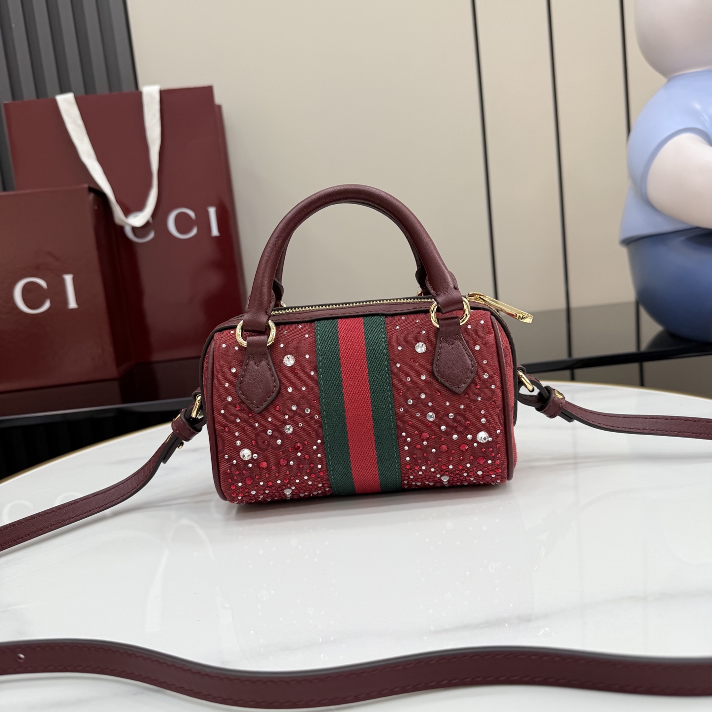Gv*c* Ophidia Crystals Small Boston Bag In Rosso Ancora Red GG -16.5*10*9CM