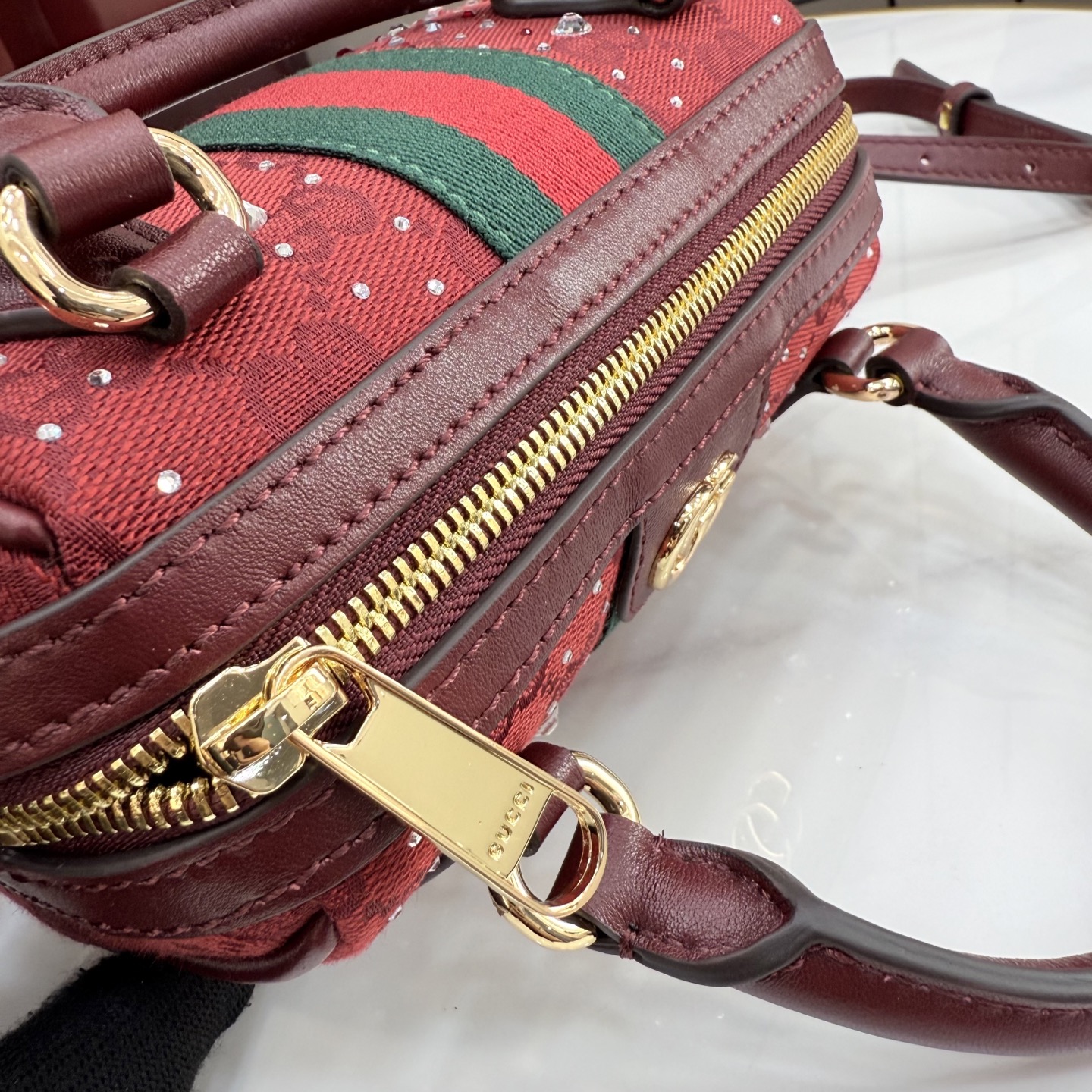 Gv*c* Ophidia Crystals Small Boston Bag In Rosso Ancora Red GG -16.5*10*9CM