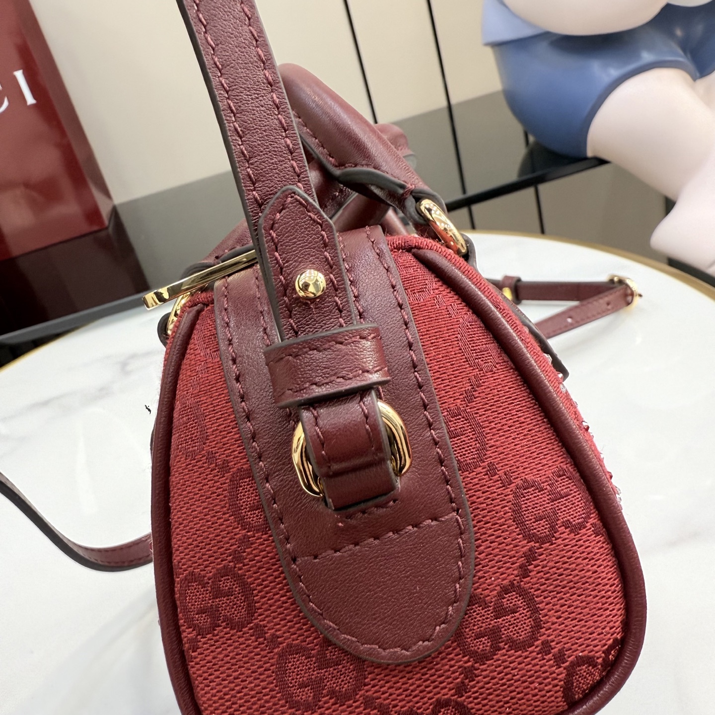 Gv*c* Ophidia Crystals Small Boston Bag In Rosso Ancora Red GG -16.5*10*9CM