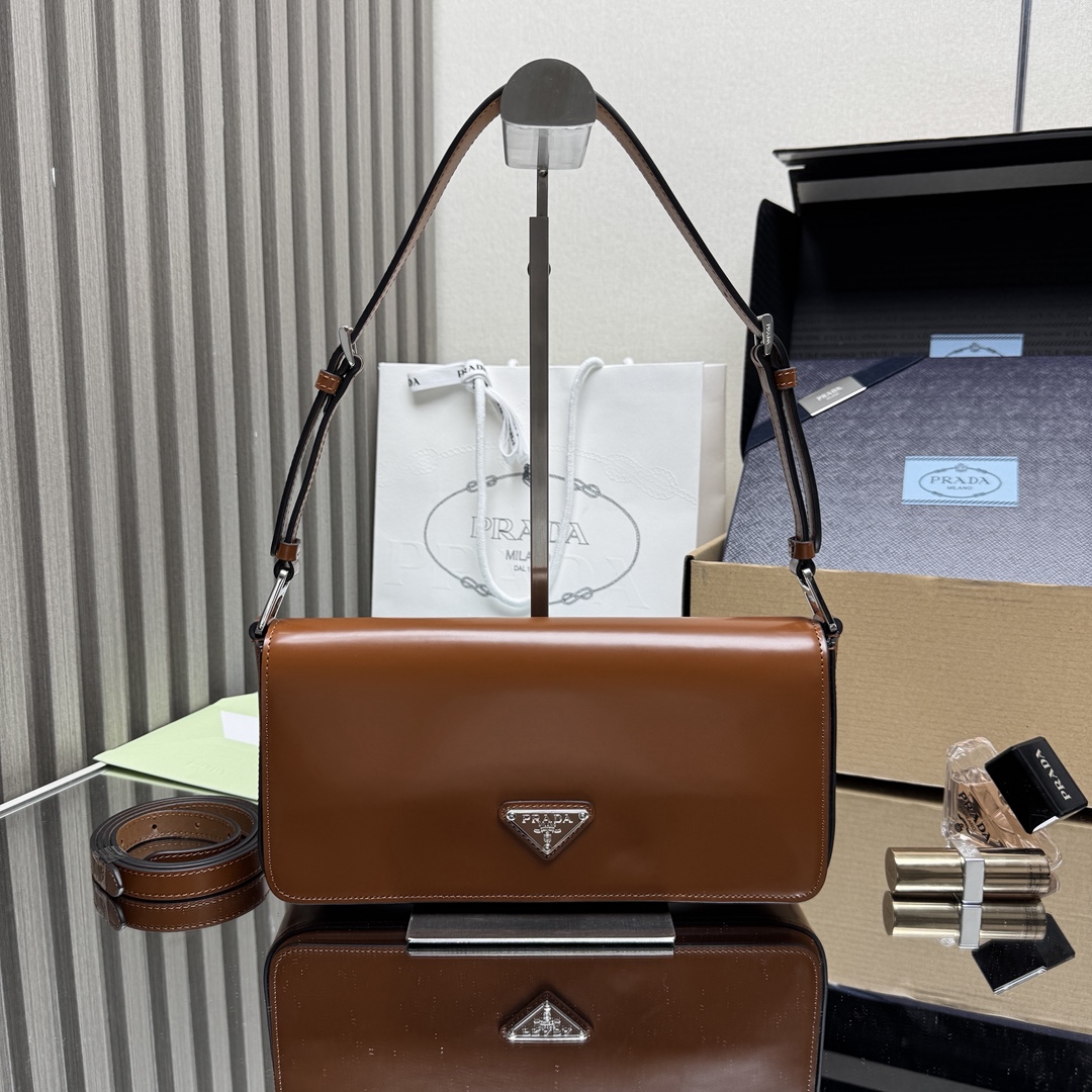 Pra*a Brushed Leather Femme Bag Brown Medium-1BD323-26*12*4.8CM