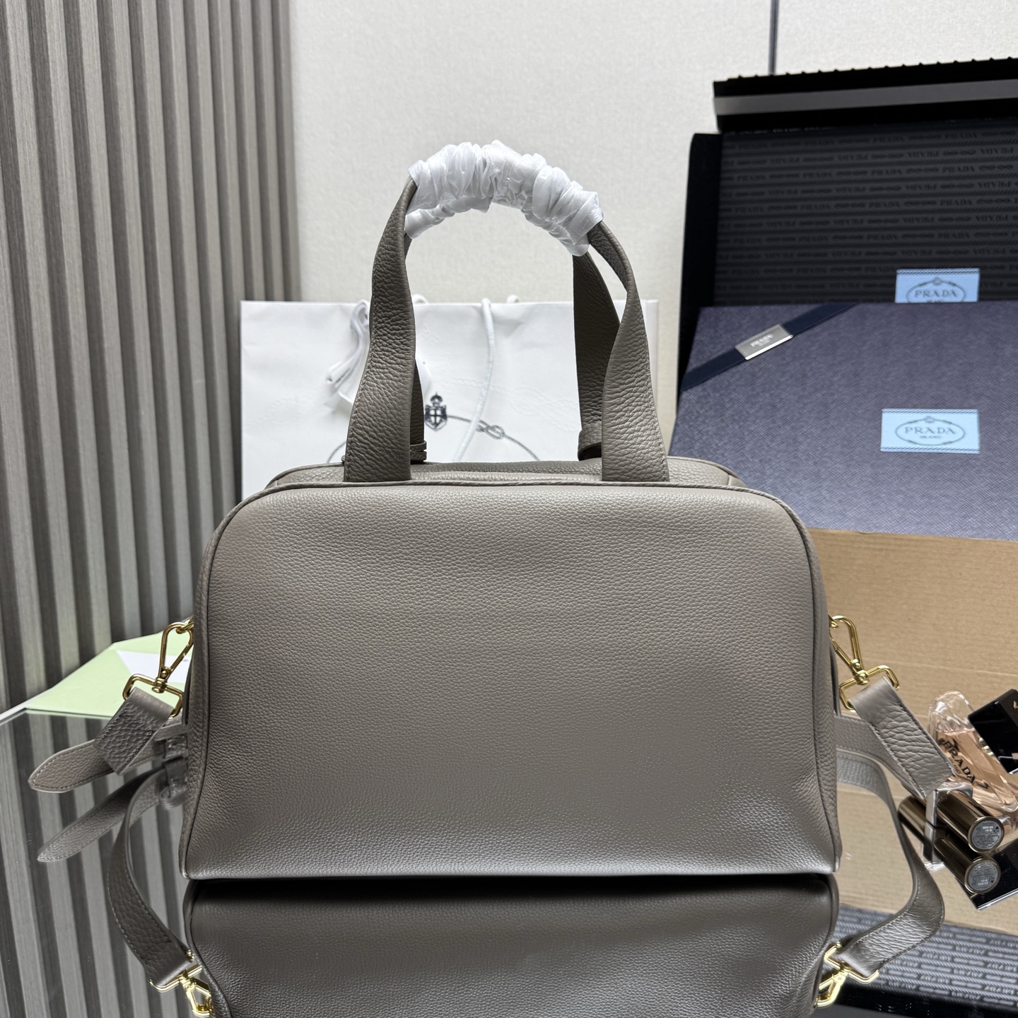 Pra*a Leather Handbag 1BB148-33*22*14CM