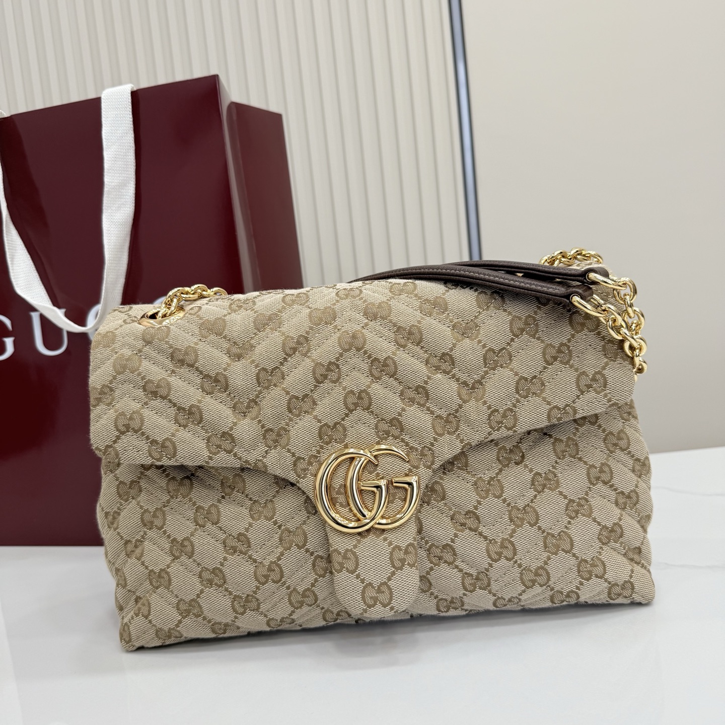 Gv*c* GG Marmont Medium Shoulder Bag In Sand And Brown GG-31*17*8CM