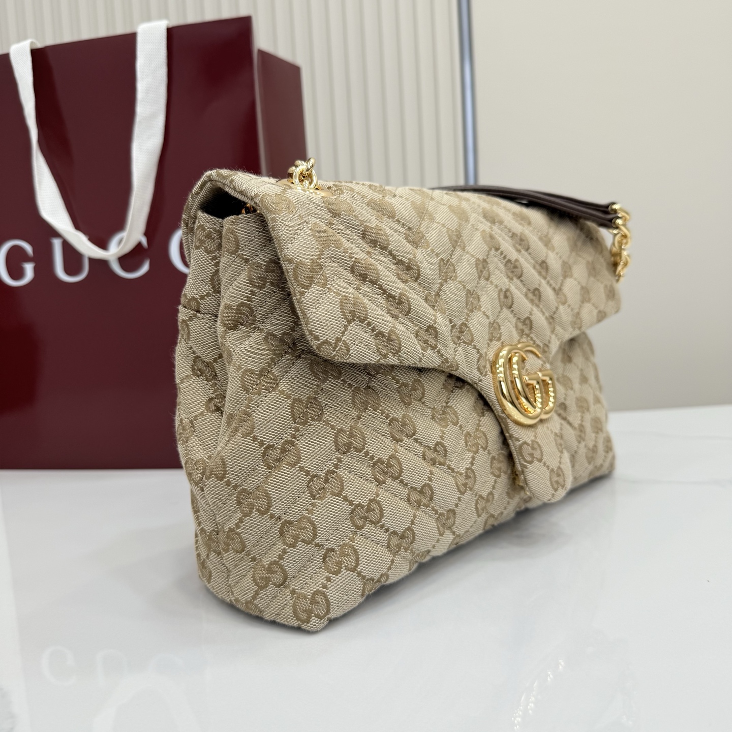 Gv*c* GG Marmont Medium Shoulder Bag In Sand And Brown GG-31*17*8CM