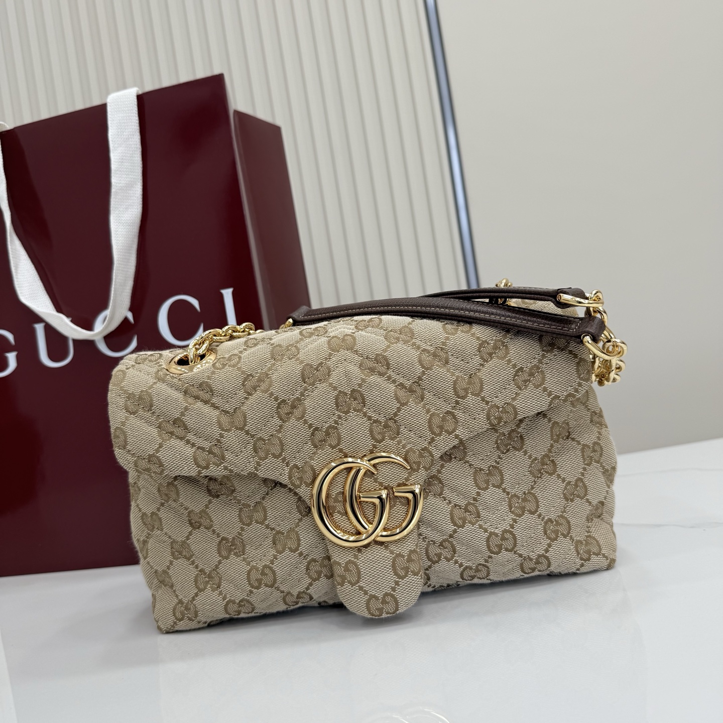 Gv*c* GG Marmont Small Shoulder Bag In Sand And Brown GG-23*17*9CM