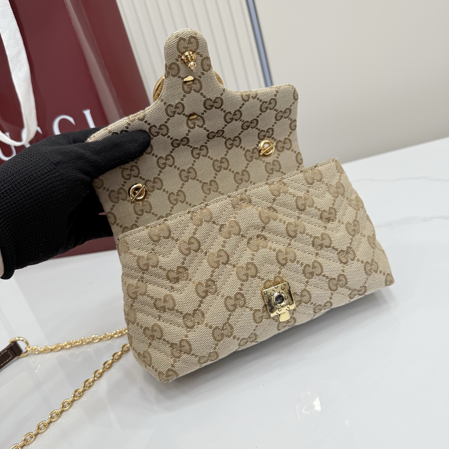 Gv*c* GG Marmont Mini Shoulder Bag In Sand And Brown GG-18.5*11.5*7CM