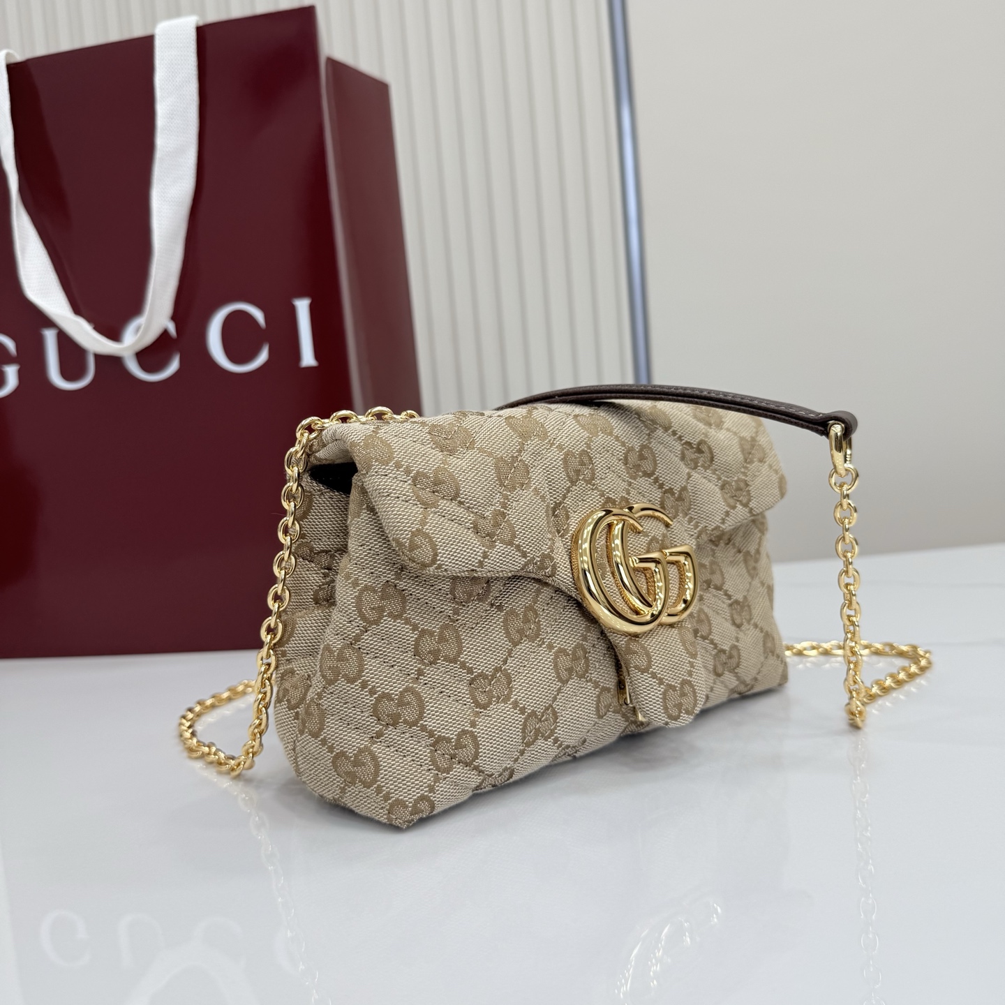 Gv*c* GG Marmont Mini Shoulder Bag In Sand And Brown GG-18.5*11.5*7CM