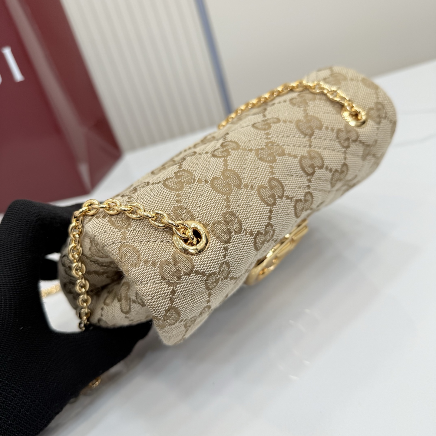 Gv*c* GG Marmont Mini Shoulder Bag In Sand And Brown GG-18.5*11.5*7CM