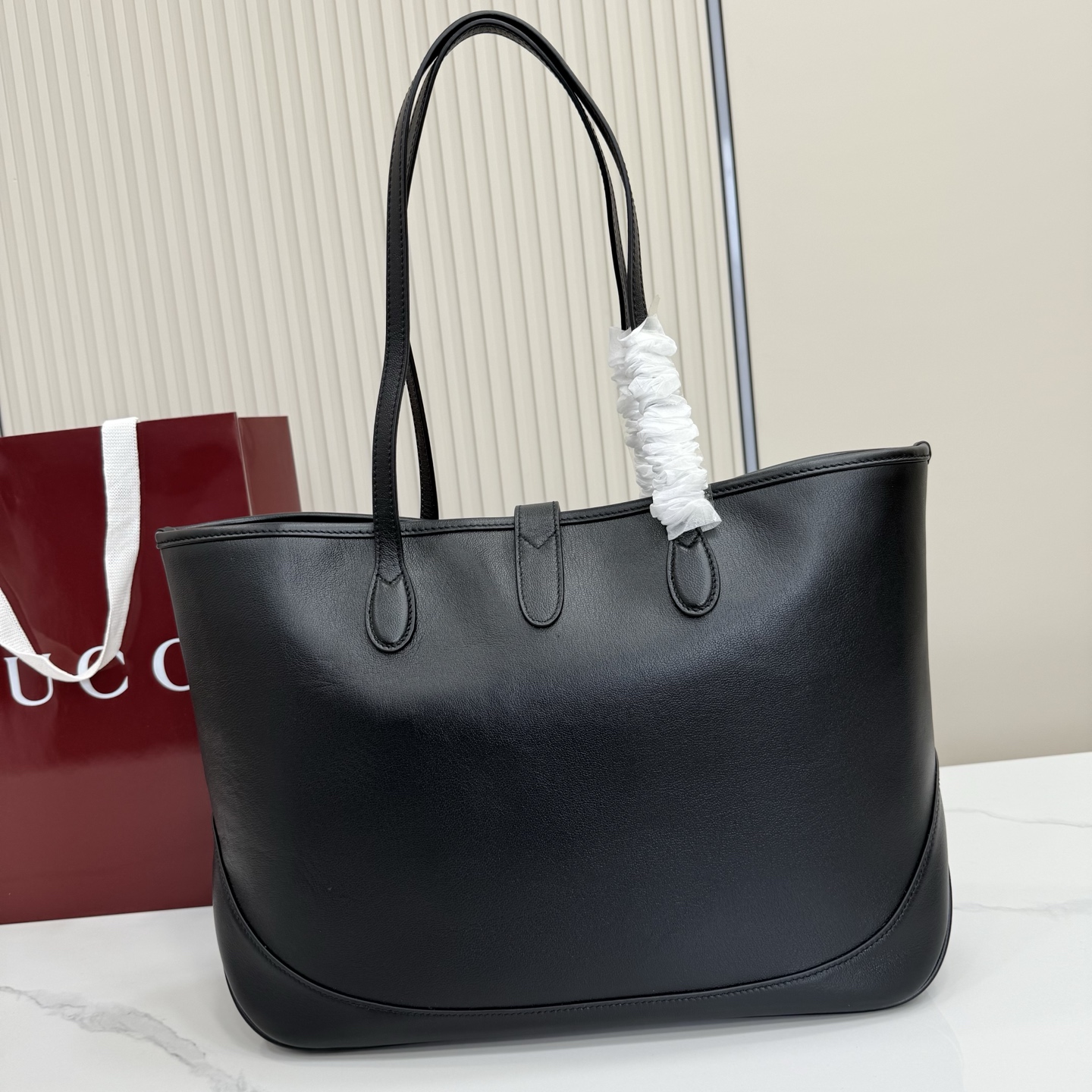 Guc*ci Jackie Medium Tote Bag In Black Leather-45*28*12CM
