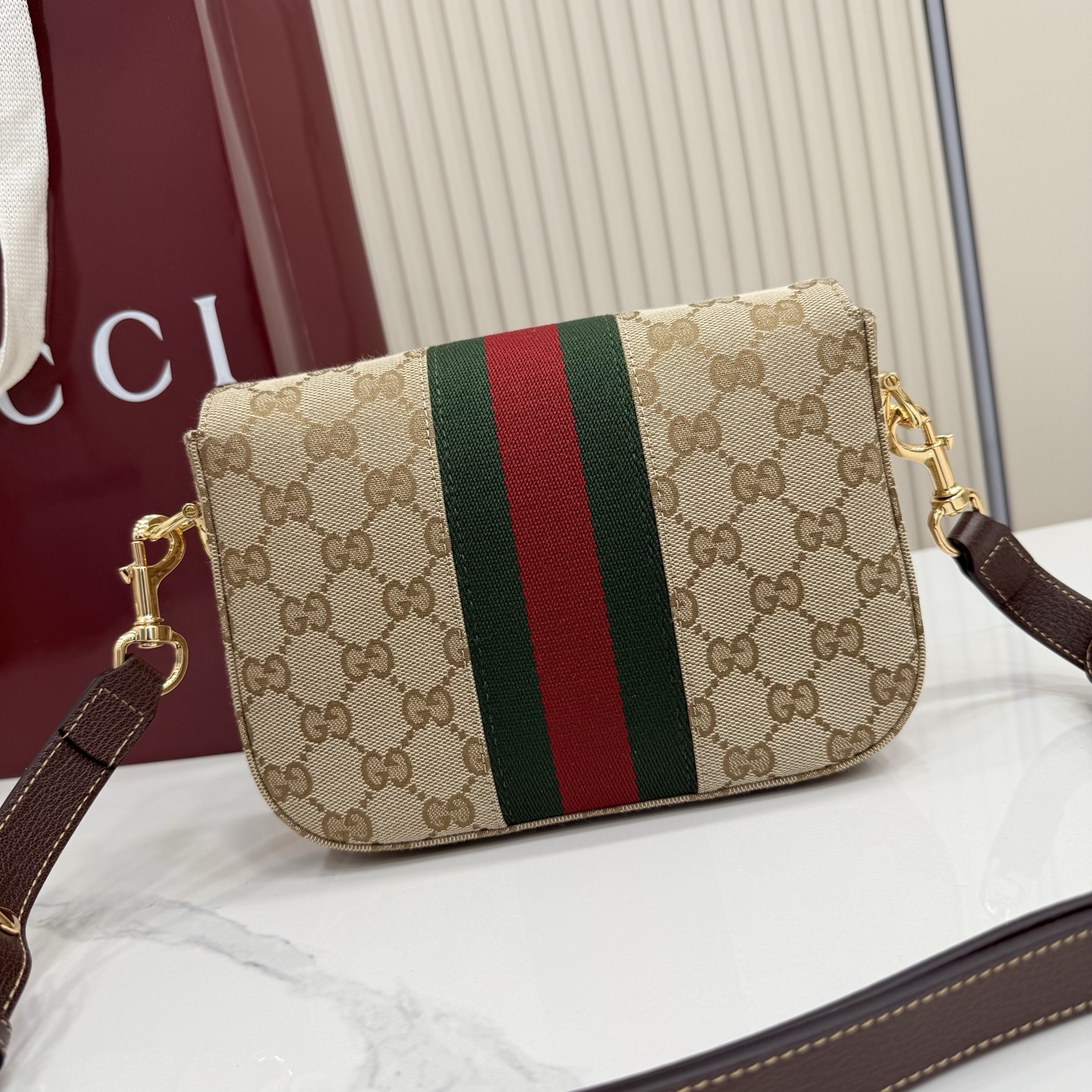 Gvc*1 Ophidia Small Shoulder Bag In Beige And Brown GG Fabric-21*14.5*5.6CM