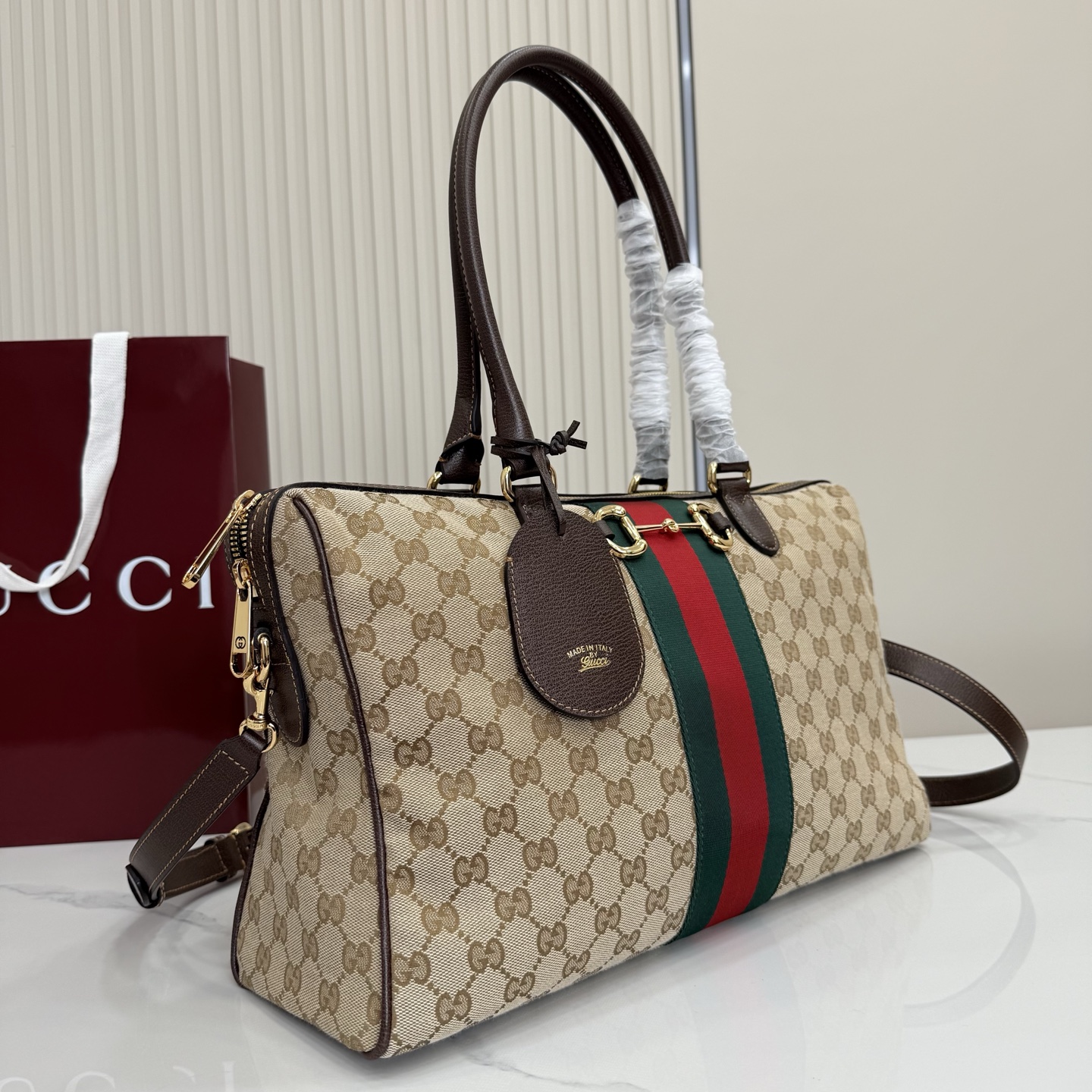 Gv*c* Borsetto Large Boston Bag In Sand And Brown GG canvas-38.5*22.5*13CM