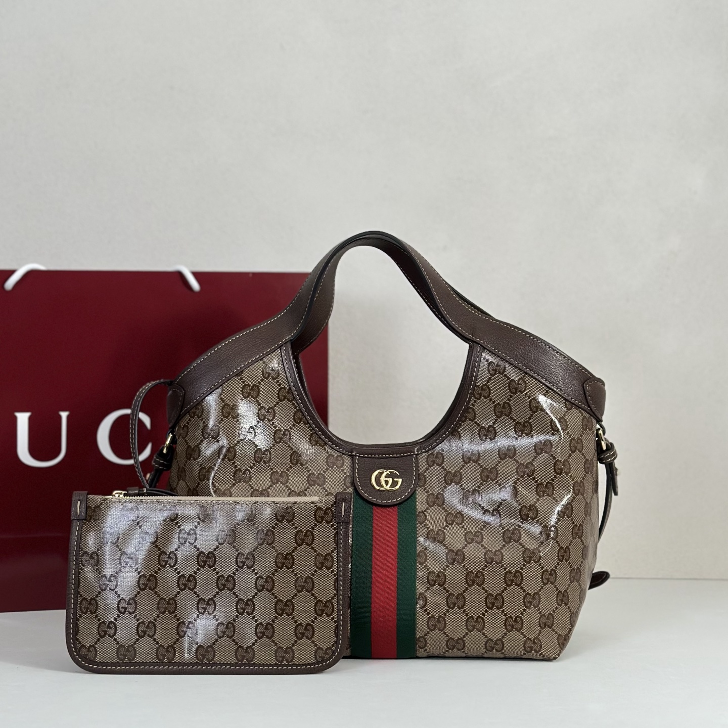 Guc*ci Giglio Small Tote Bag In Sand And Brown GG Fabric-25*20*15CM