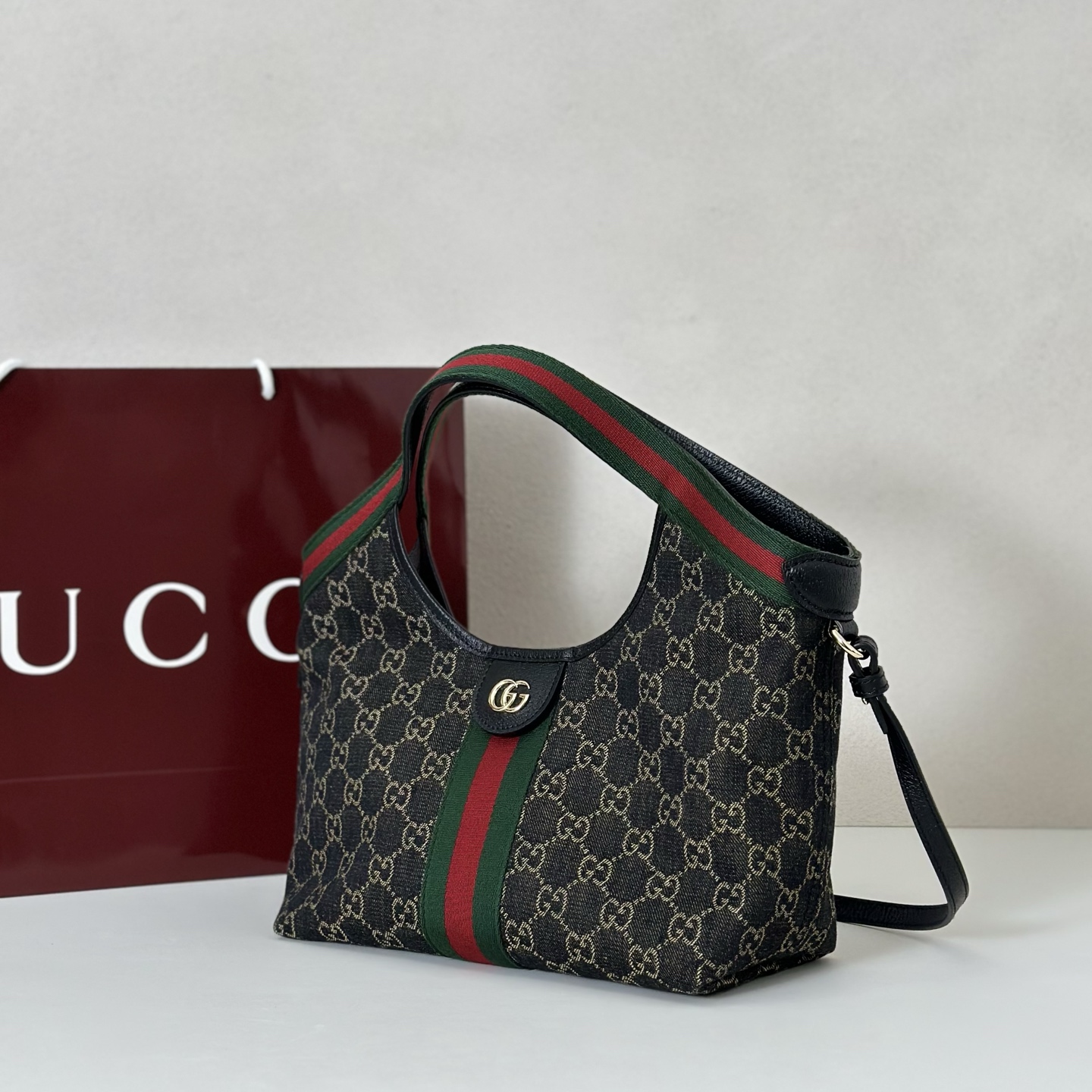 Gv*c*i Denim GG Monogram Web Small Giglio Tote Black-25*20*15CM