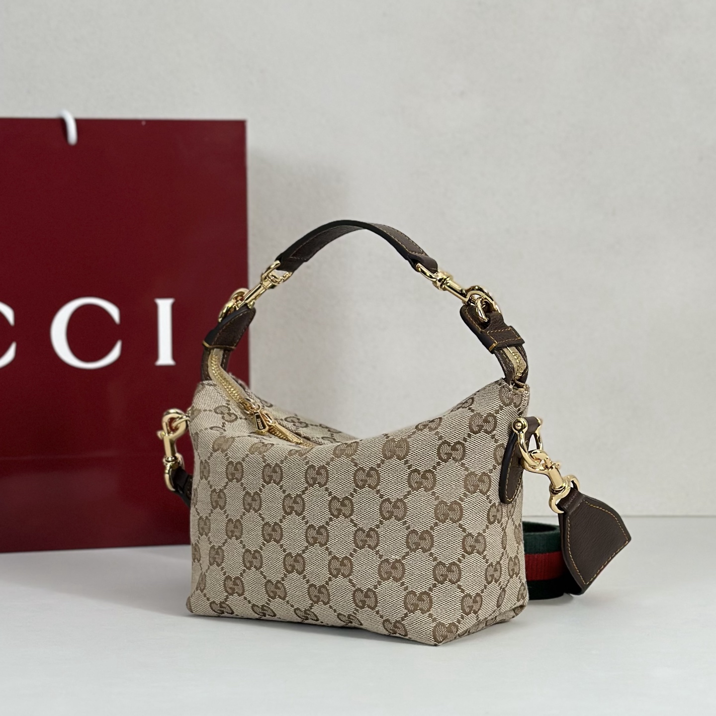 G*ucc* Brera Small Crossbody Bag In Sand And Brown GG Canvas-25.5*14*8CM