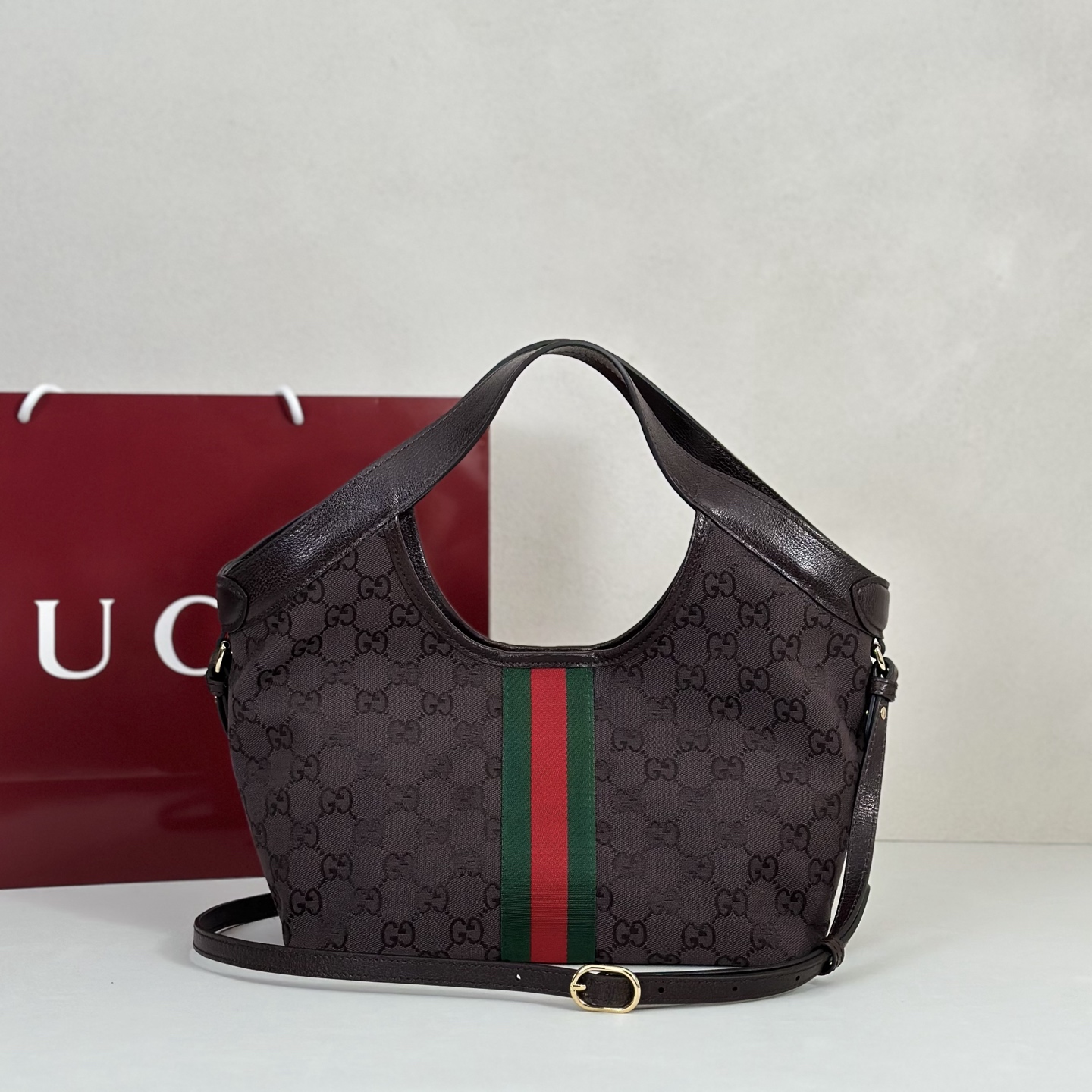 Guc*ci Giglio Small Tote Bag In Dark Brown GG Canvas-25*20*15CM