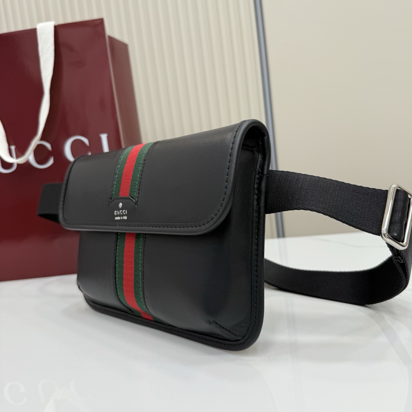 Gv*c* Web Trademark Small Belt Bag In Black Leather