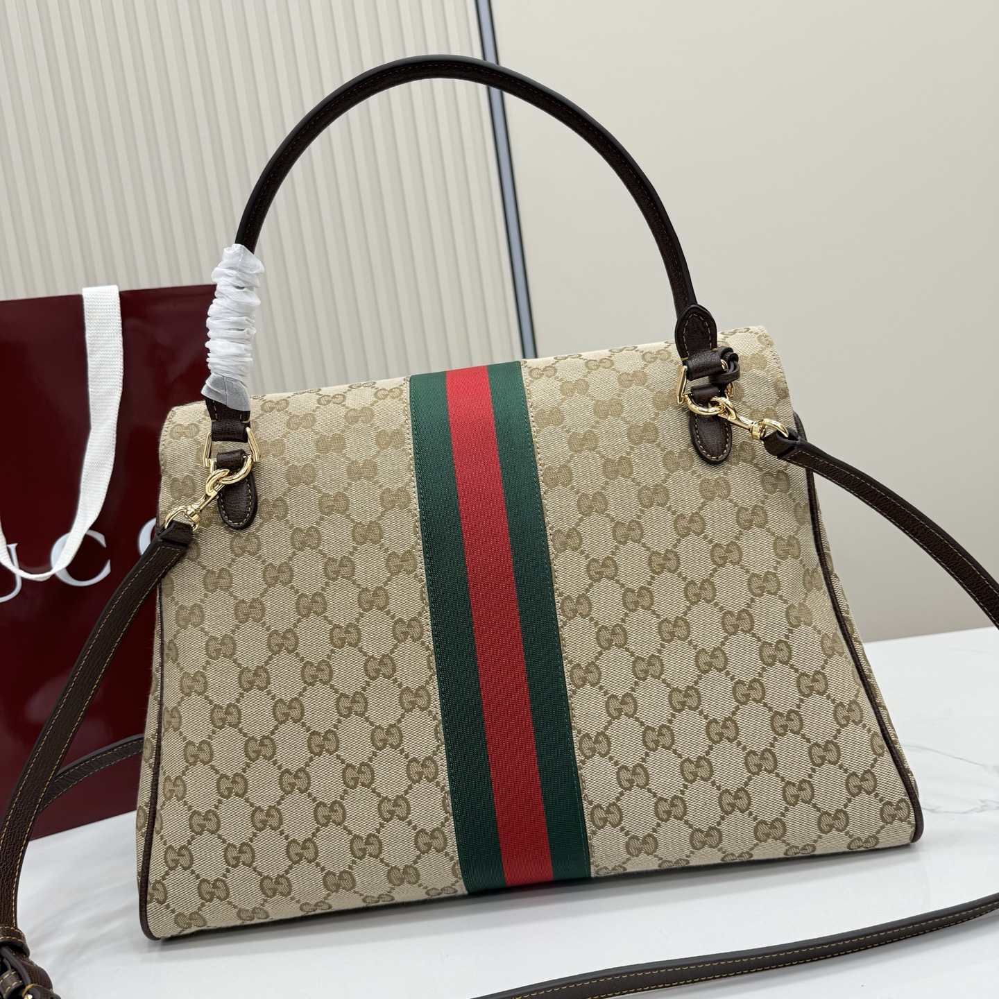 Gv*c* Paparazzo Large Top Handle Bag In Sand And Brown GG Canvas-37*29*13CM