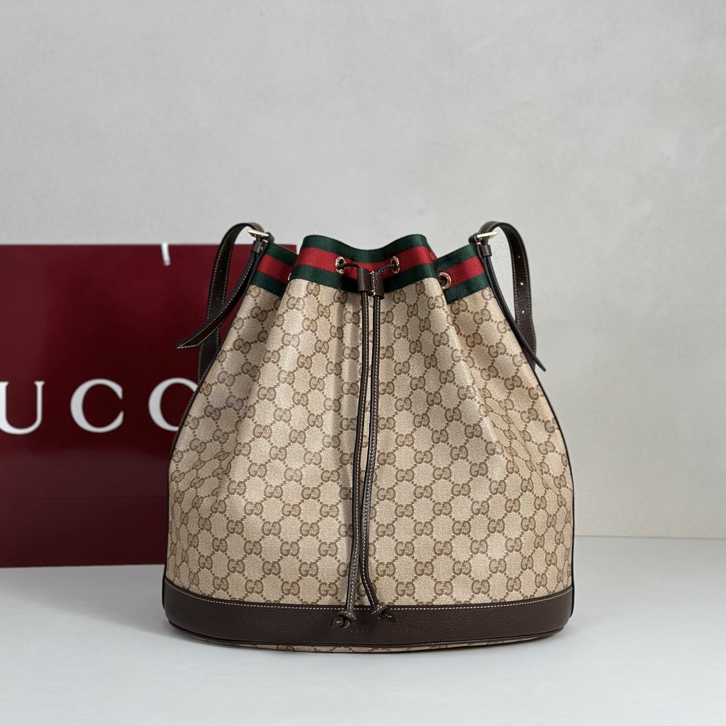 Guc*ci Venice Large Bucket Bag In Sand And Brown GG Canvas-33*31*21.6CM
