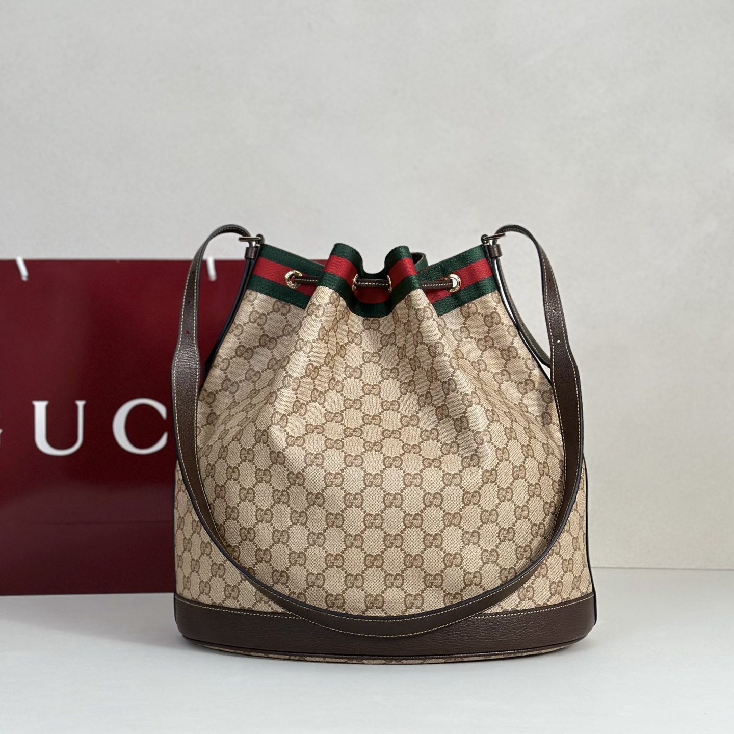 Guc*ci Venice Large Bucket Bag In Sand And Brown GG Canvas-33*31*21.6CM