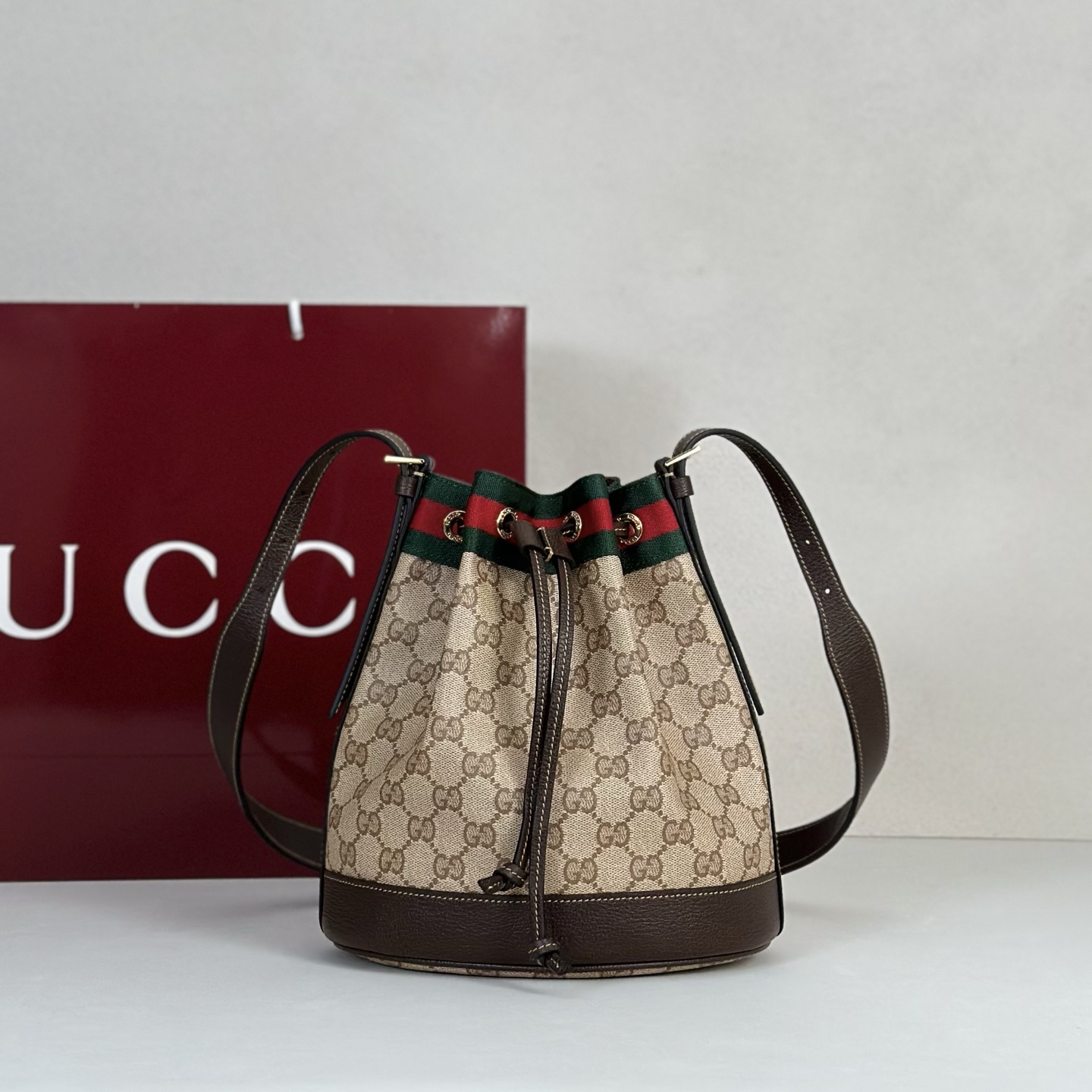 Guc*ci Venice Bucket Bag In Sand And Brown GG Canvas-20.5*23*14CM