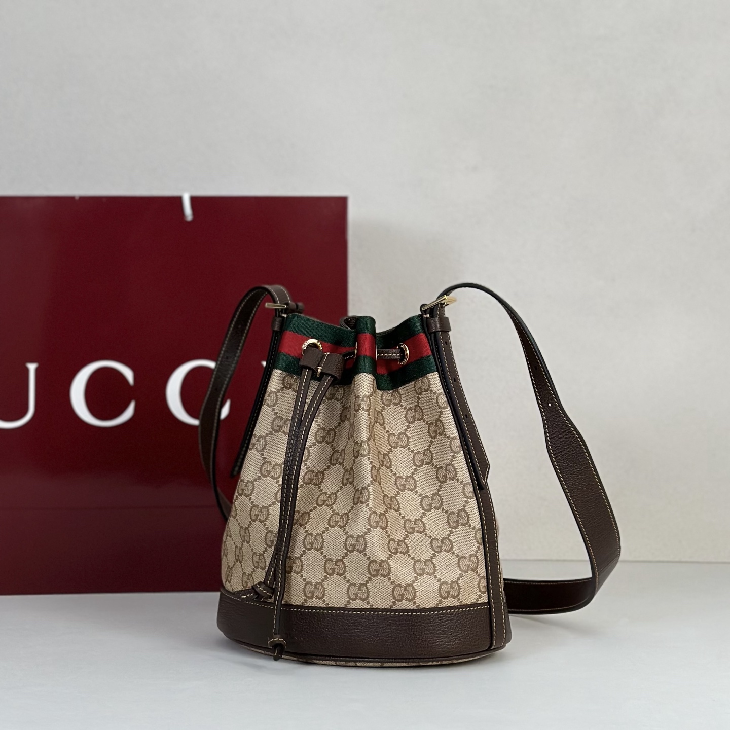 Guc*ci Venice Bucket Bag In Sand And Brown GG Canvas-20.5*23*14CM