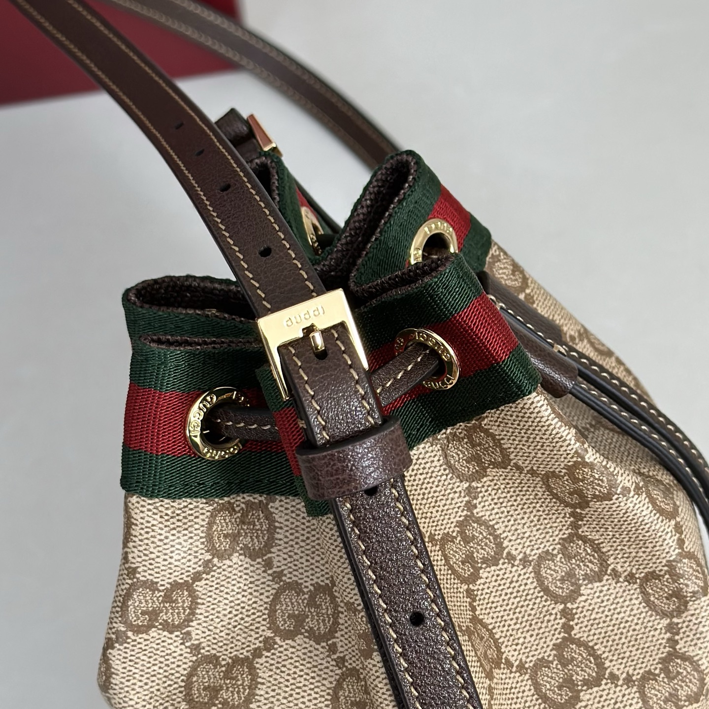 Guc*ci Venice Mini Bucket Bag In Sand And Brown GG Canvas-15.5*19.5*10.5CM