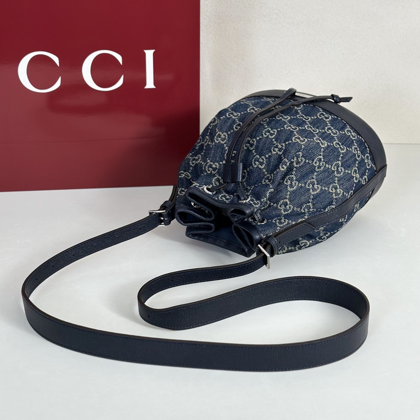Guc*ci Venice Bucket Bag In Dark Blue GG Canvas-20.5*23*14CM