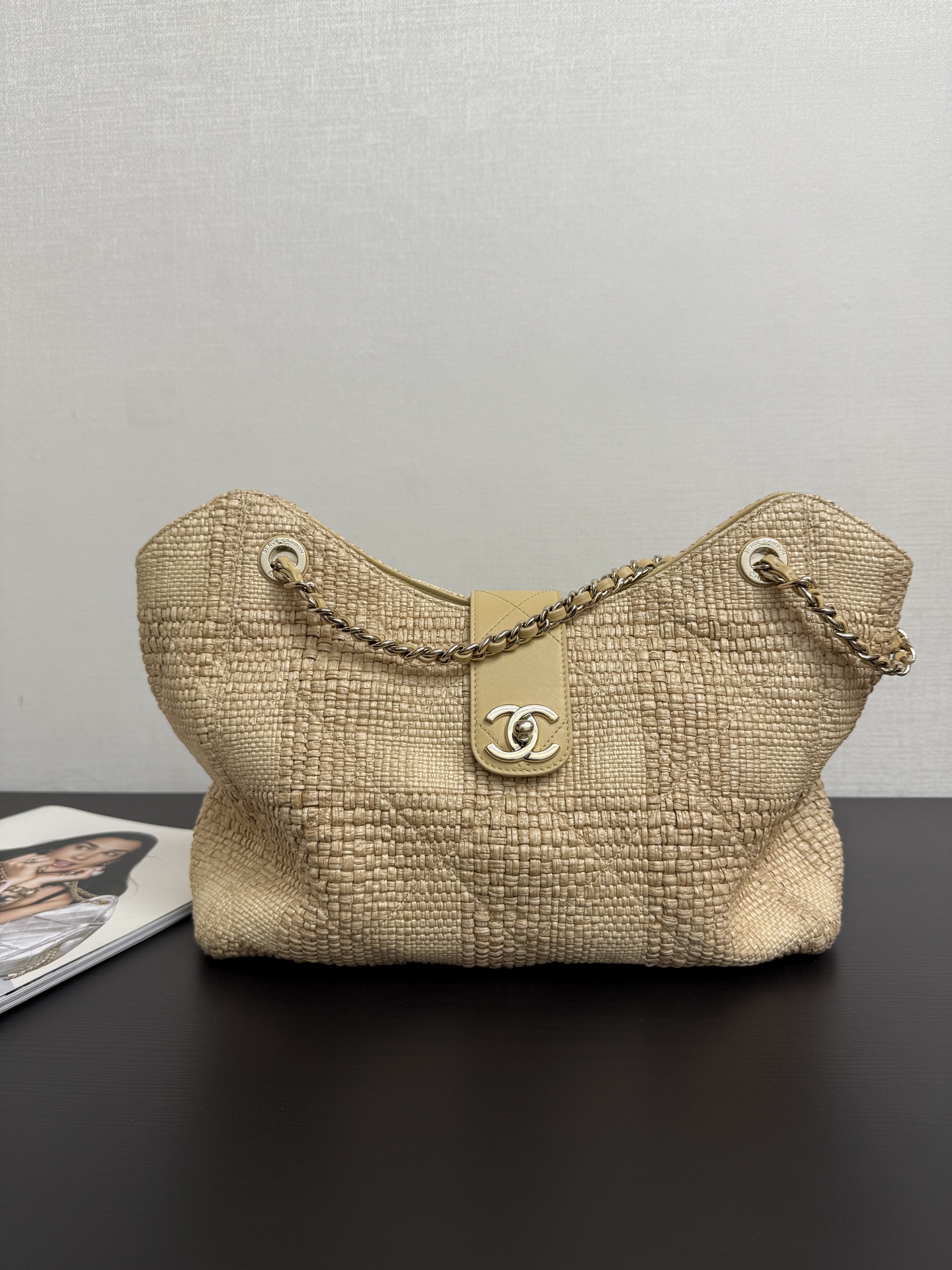 Ch@nel Shopping Bag, Braided Raffia & Gold-Tone Metal-26×40×12CM