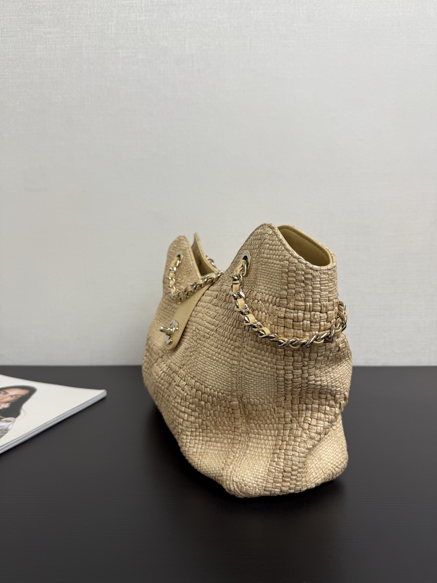 Ch@nel Shopping Bag, Braided Raffia & Gold-Tone Metal-26×40×12CM