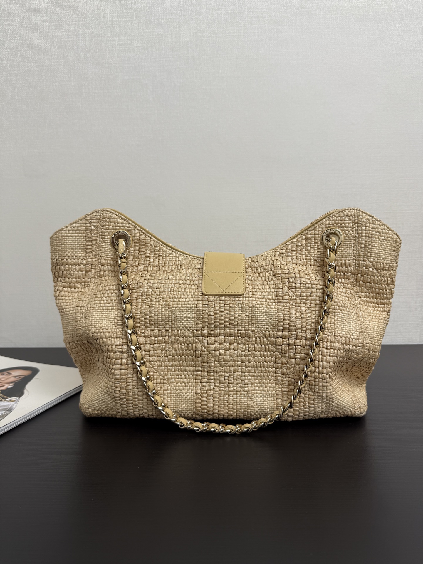 Ch@nel Shopping Bag, Braided Raffia & Gold-Tone Metal-26×40×12CM