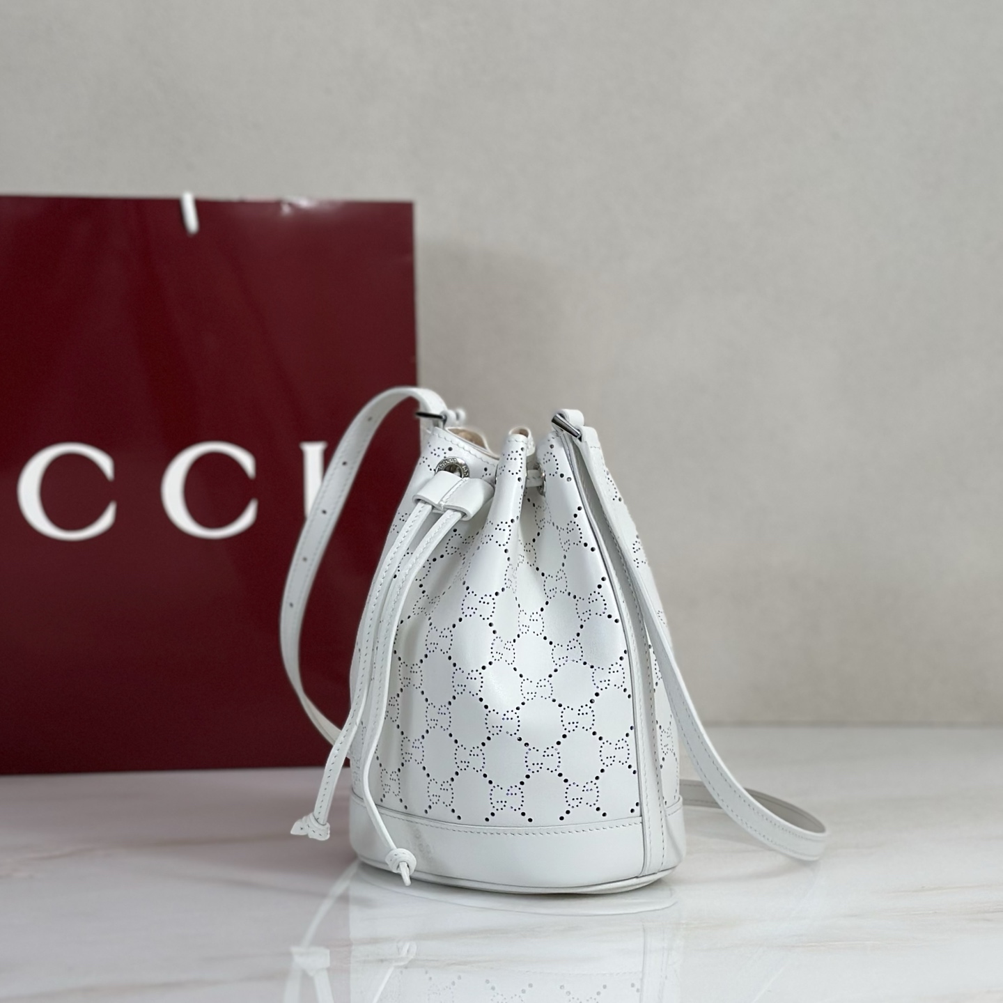 G*ucci Venice Small Bucket Bag In White GG Leather-15.5*19.5*10.5CM